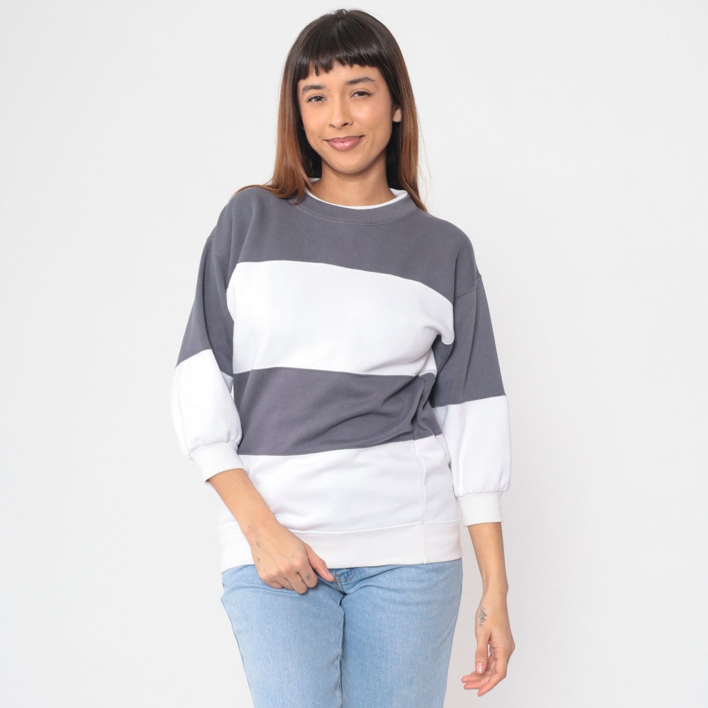 90s Striped Color Block Sweatshirt White Grey Crewneck Small