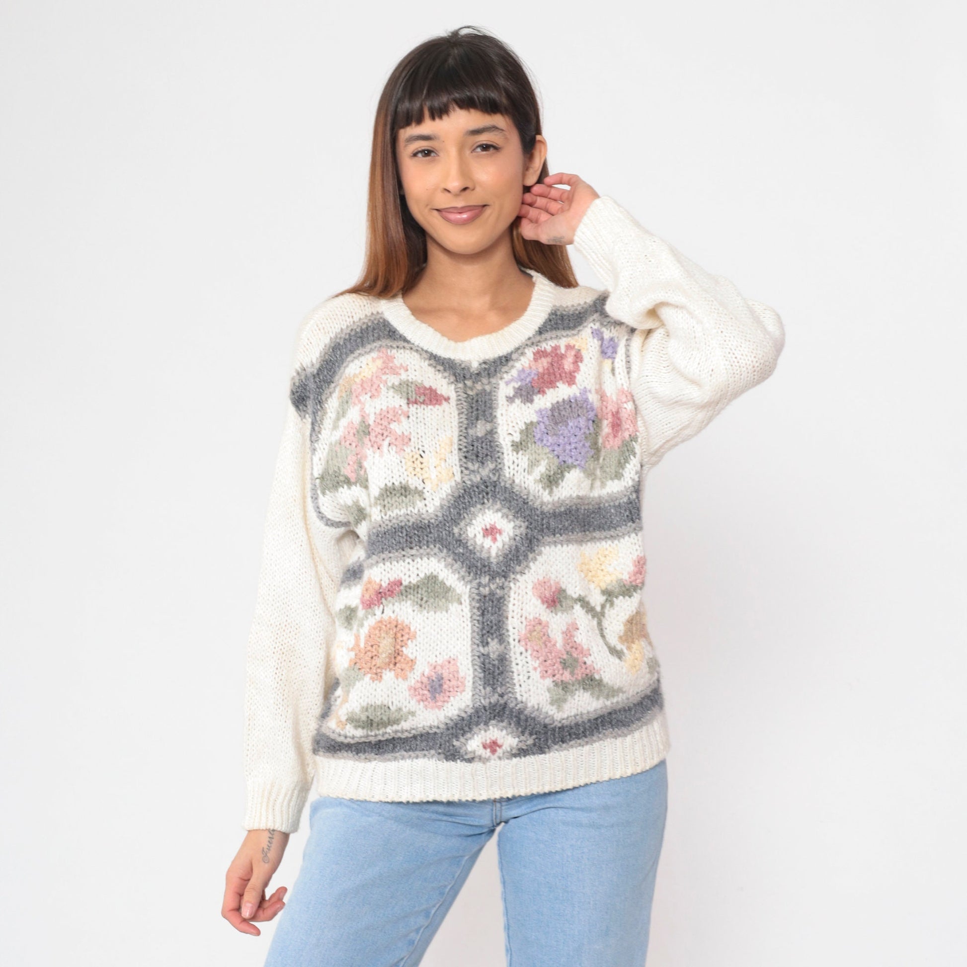 80s White Floral Knit Pullover Sweater Cotton Ramie Small S