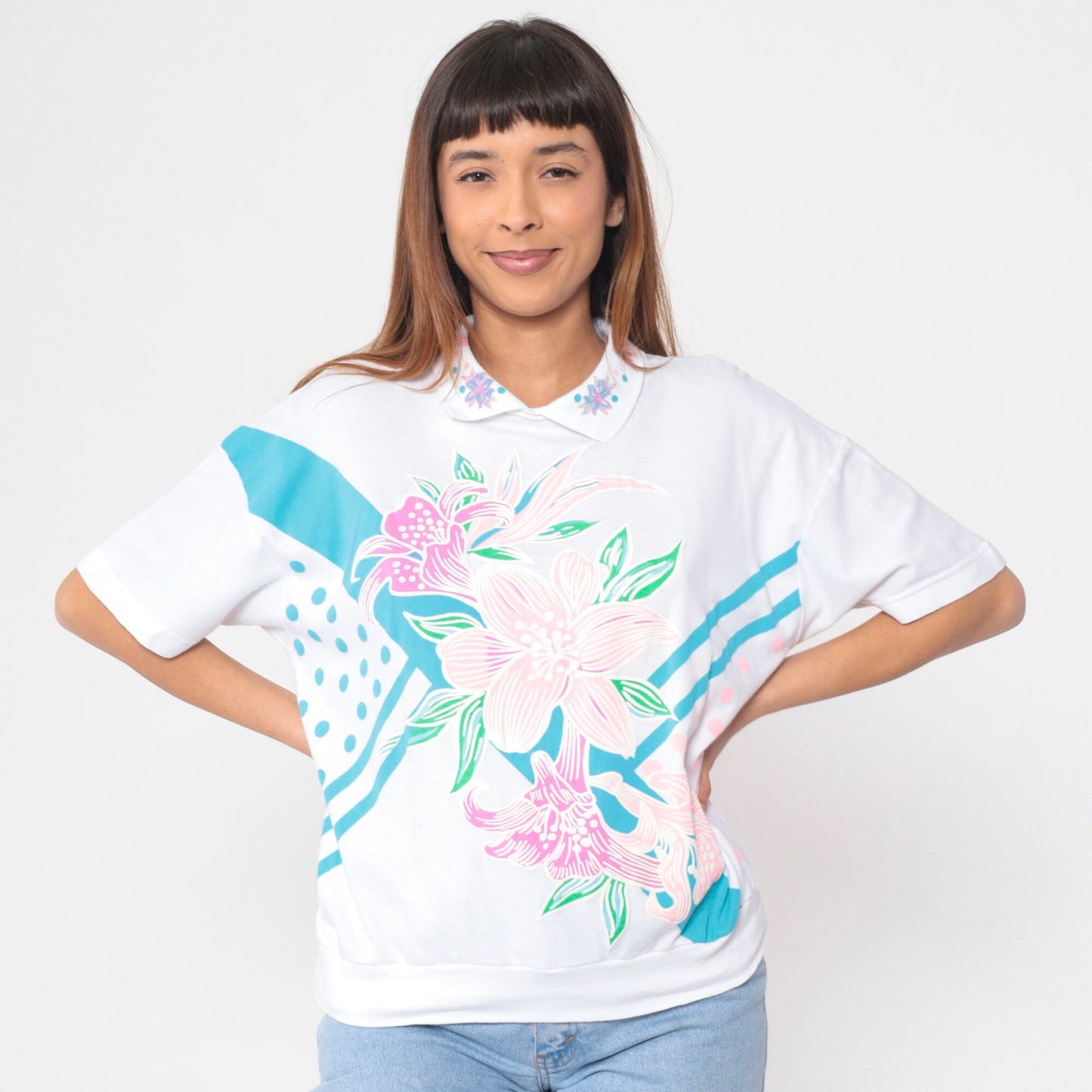 90s White Floral Collared Blouse Abstract Lily Print Short Sleeve Banded Hem Large L