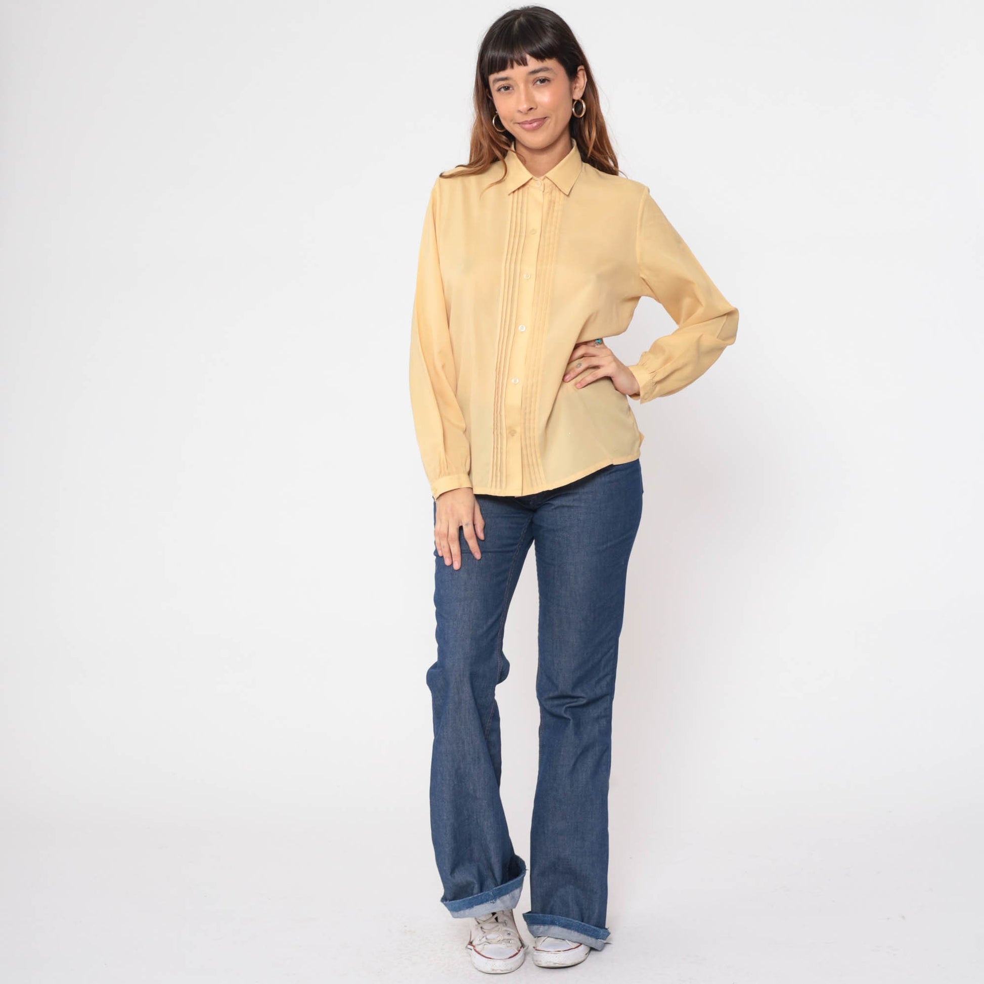 80s Yellow Pleated Button-Up Blouse Long Sleeve Collared Shirt Large L