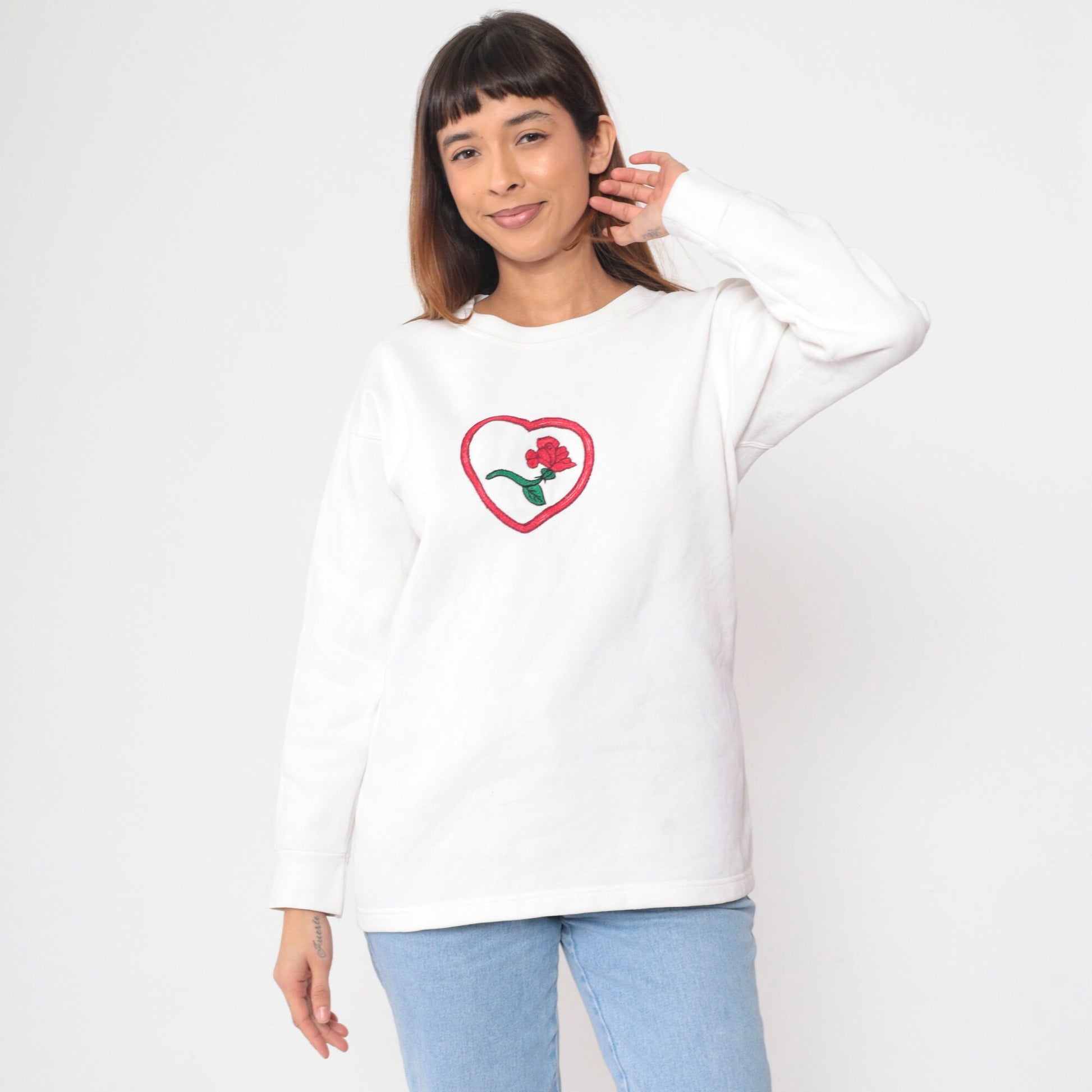 80s Heart Rose Embroidered Long Sleeve Shirt White Floral Top Large