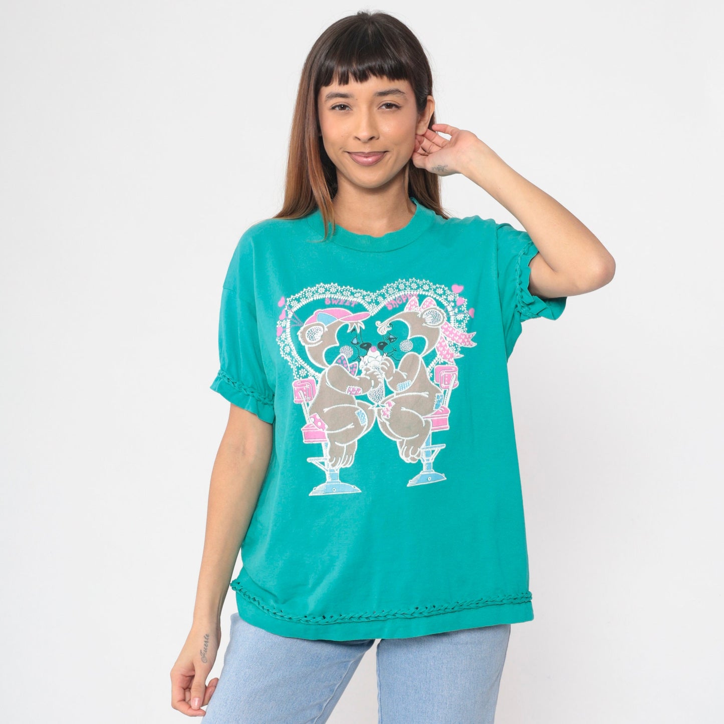 90s Bears in Love Ice Cream Graphic T-Shirt Teal Braided Trim Extra Large XL