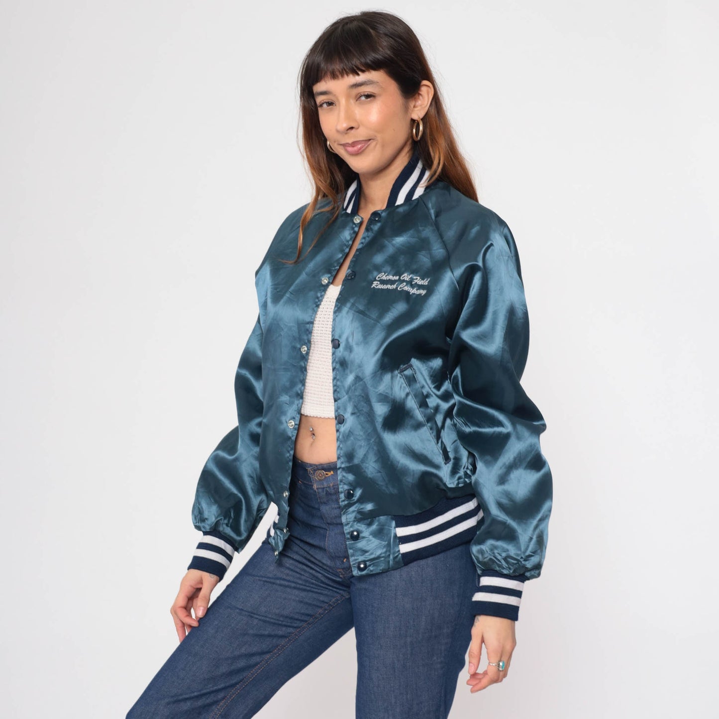80s Chevron Oil Field Research Satin Bomber Jacket Blue Medium