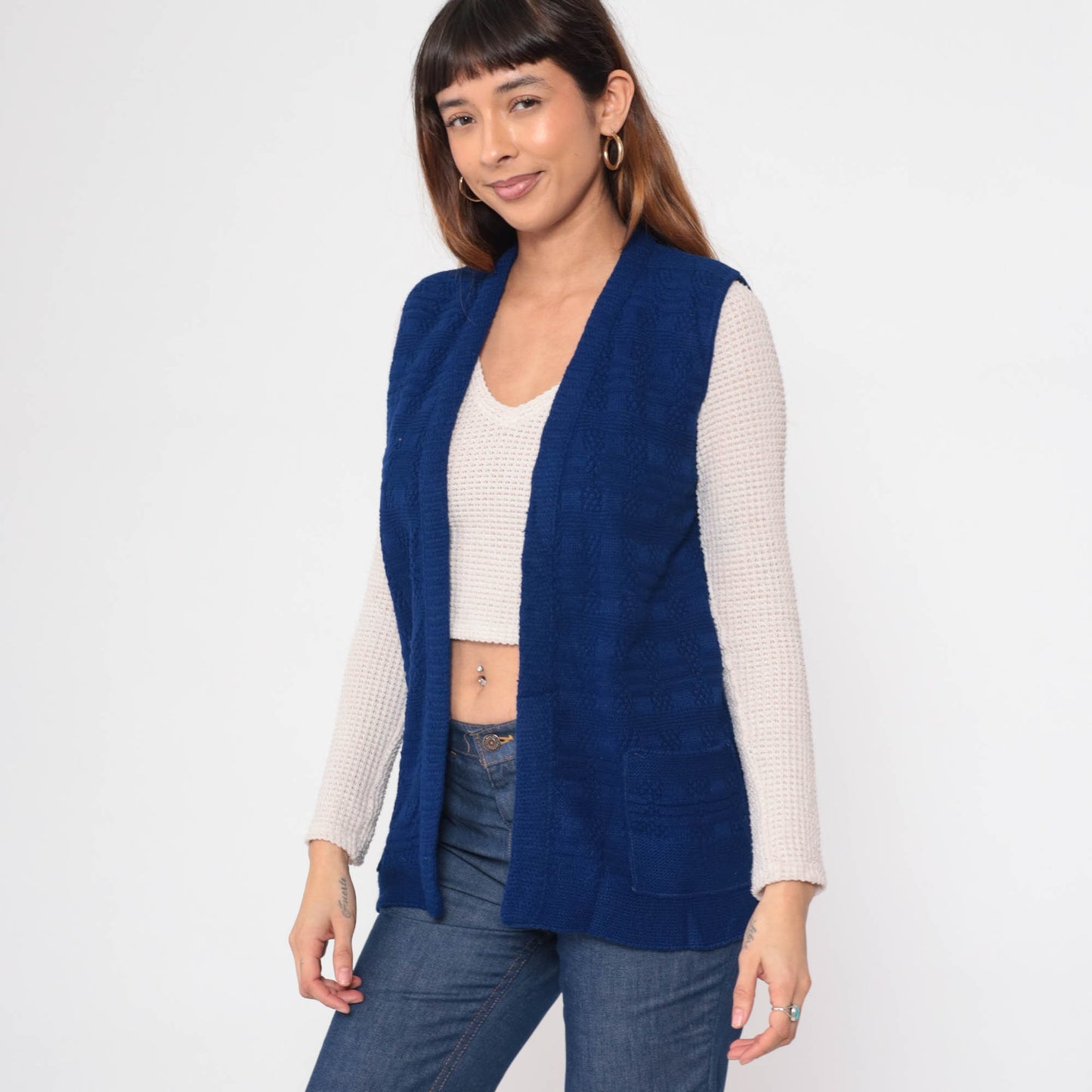 70s Knit Vest Navy Textured Checkered Open Front Sleeveless Top Small