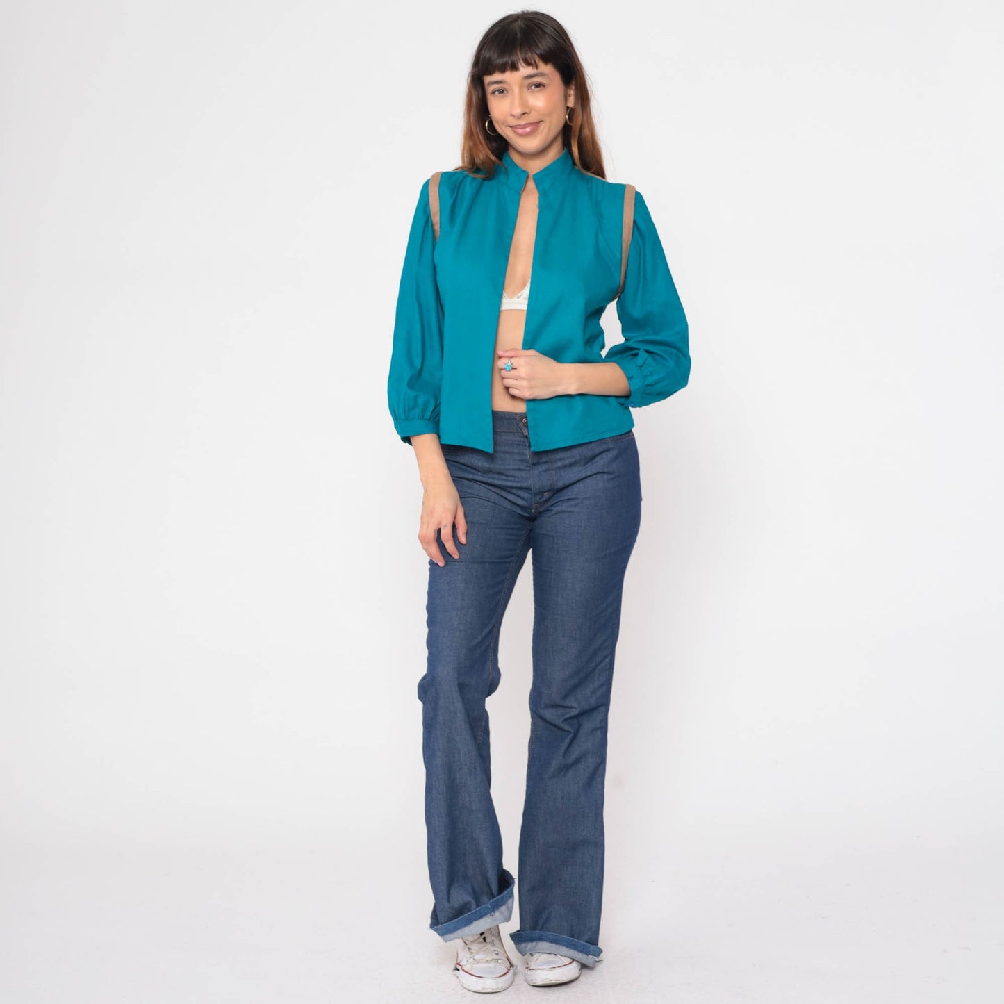 80s Teal Silk Noil Jacket Puff Sleeve Mandarin Collar Open Front Small