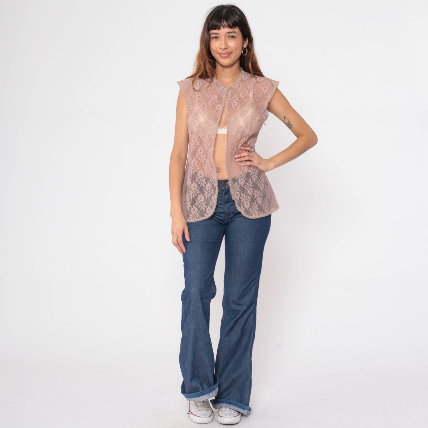 70s Mauve Lace Jacket Cap Sleeve Open Front Blouse Small S