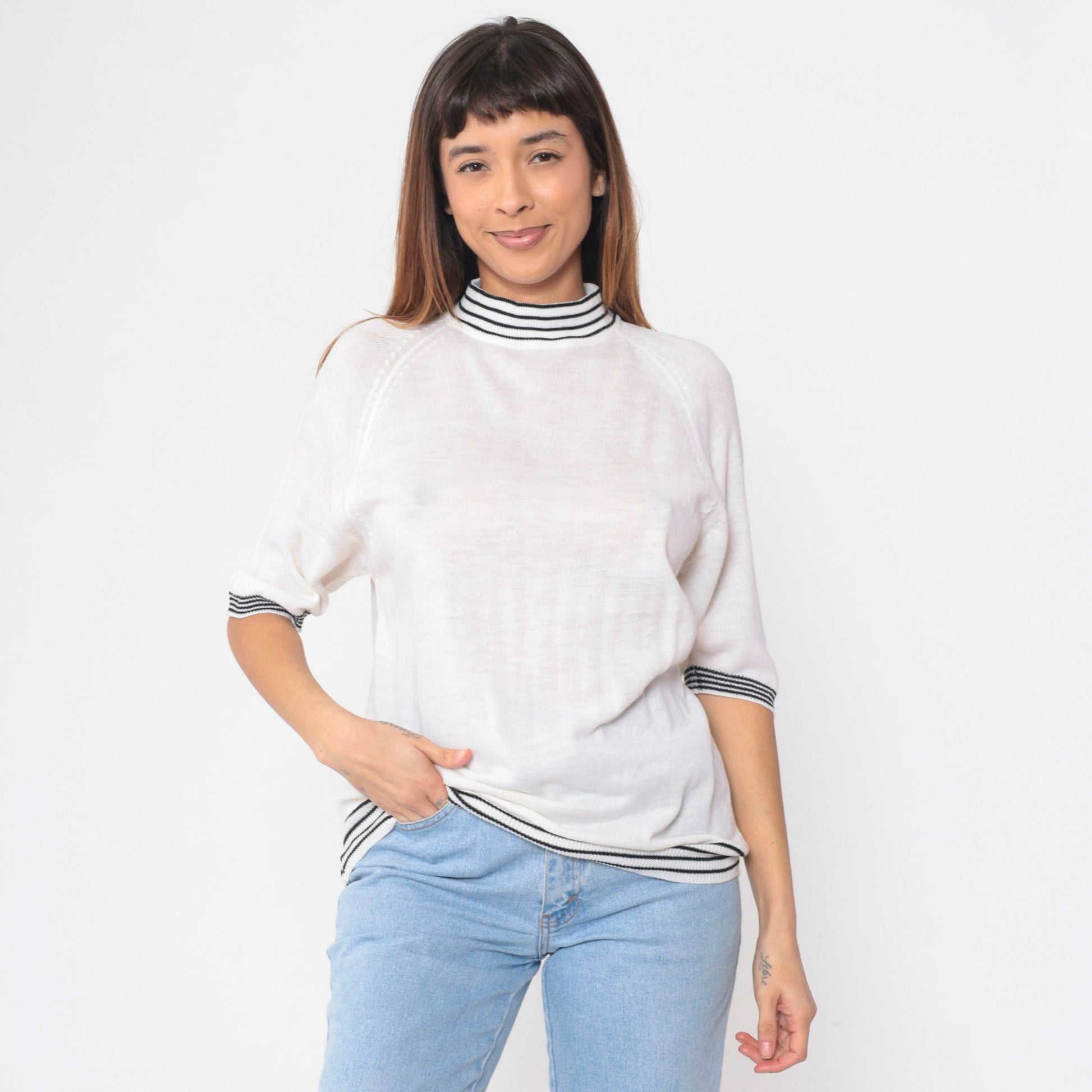 70s Bardoni White Knit Mock Neck Sweater Top Striped Ringer Medium