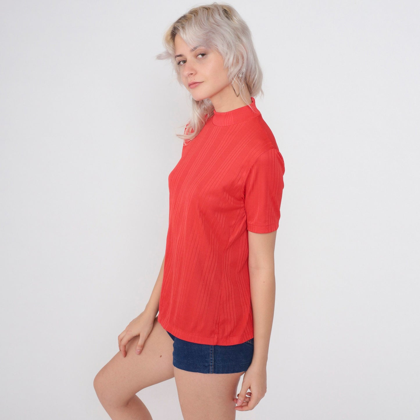 70s Red Mock Neck Ribbed Short Sleeve Blouse Small S