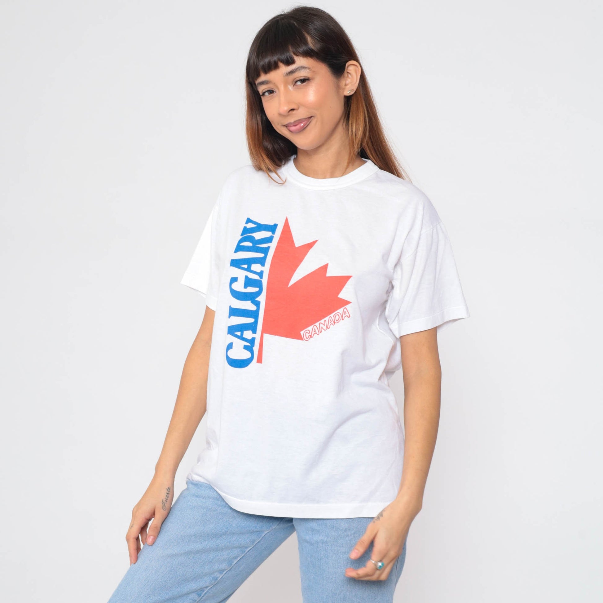 80s Calgary Alberta Canada Maple Leaf Graphic T-Shirt Single Stitch Medium