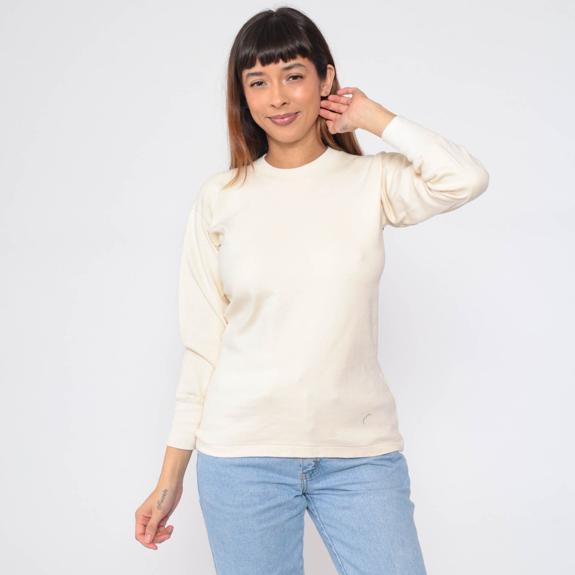 80s Cream Long Sleeve Crewneck T-Shirt Plain Layering Tee Small