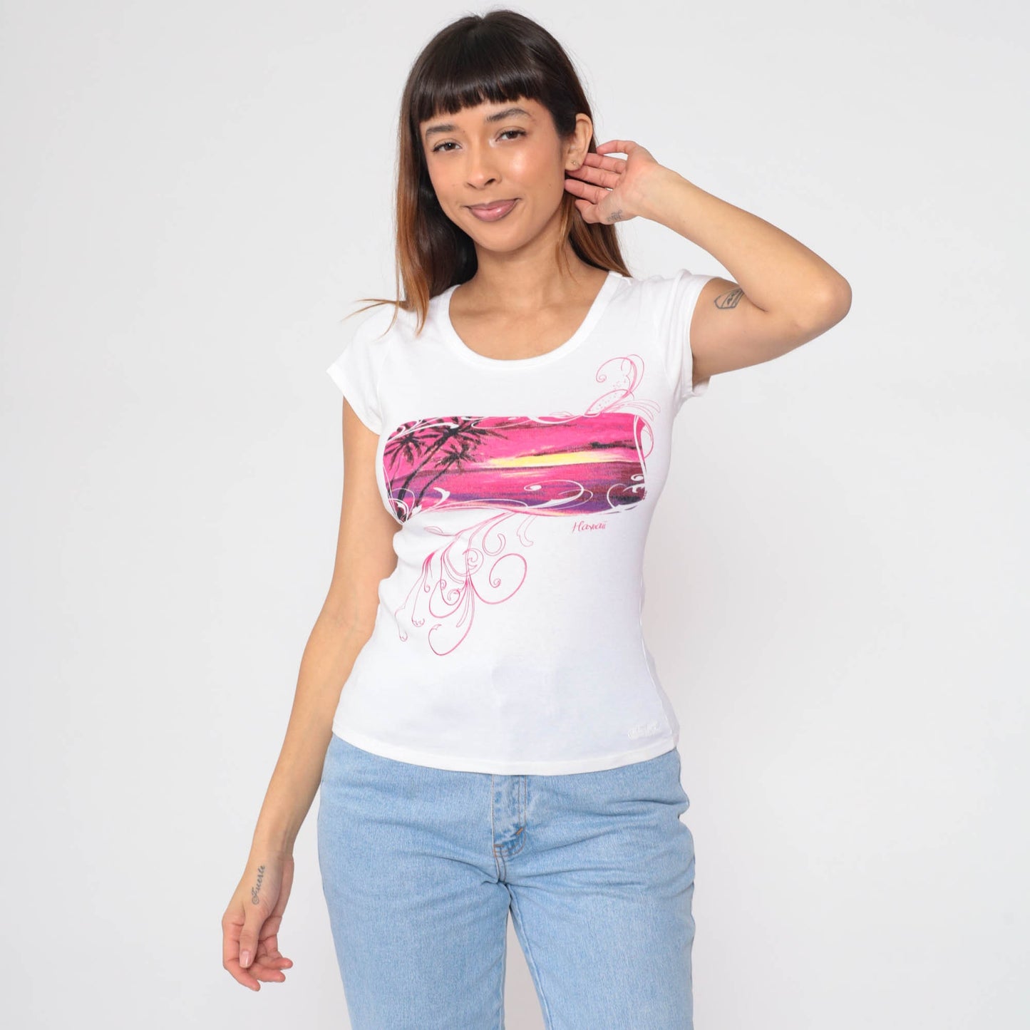 90s Crazy Shirts Hawaii Palm Tree Graphic Baby Tee White Cap Sleeve Small