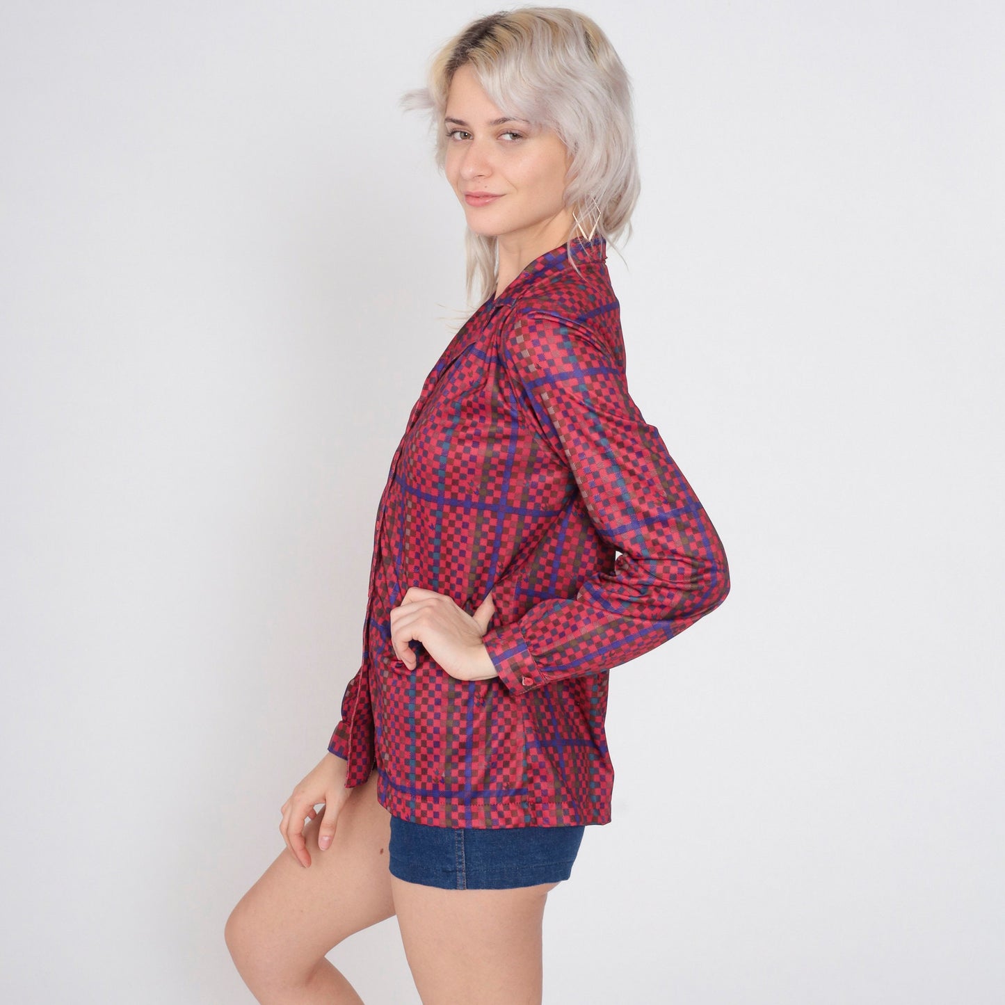 70s Checkered Button-Up Blouse Multicolor Long Sleeve Collared Shirt Medium