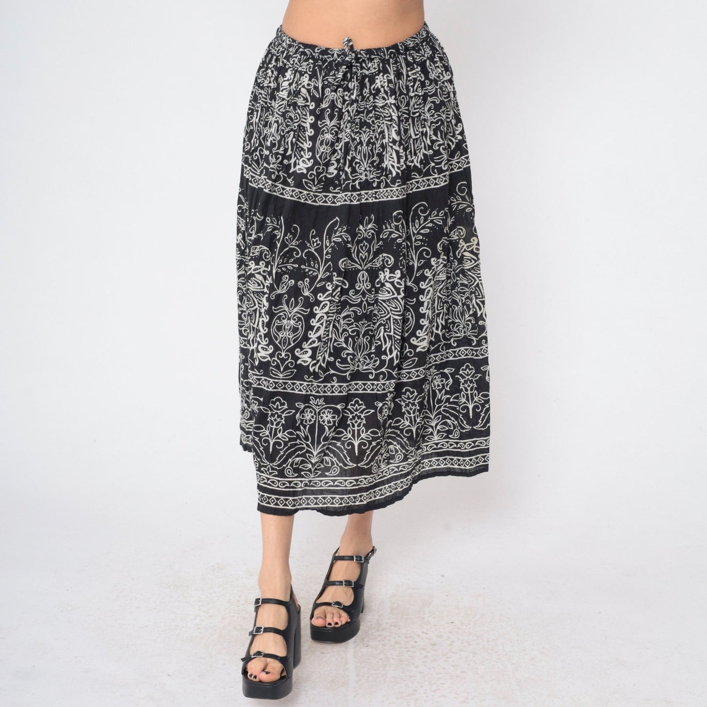 90s Jane Ashley Black Floral Midi Skirt Drawstring Waist Cotton Small