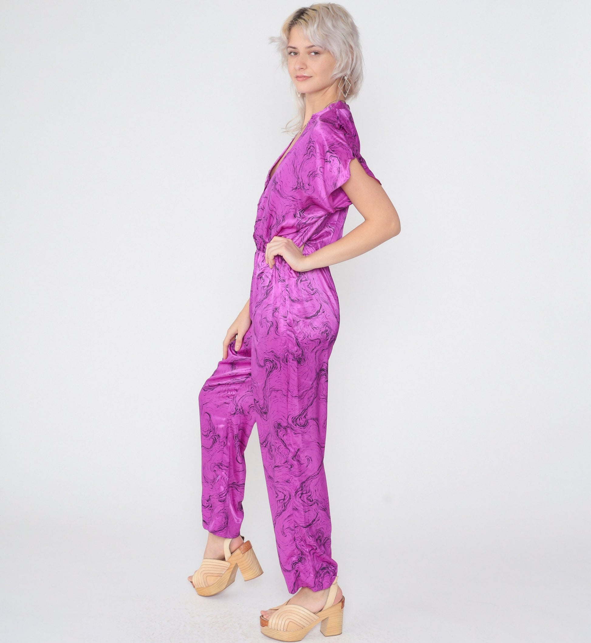 80s Purple Marble Jumpsuit Shiny High-Waisted Tapered V-Neck Small
