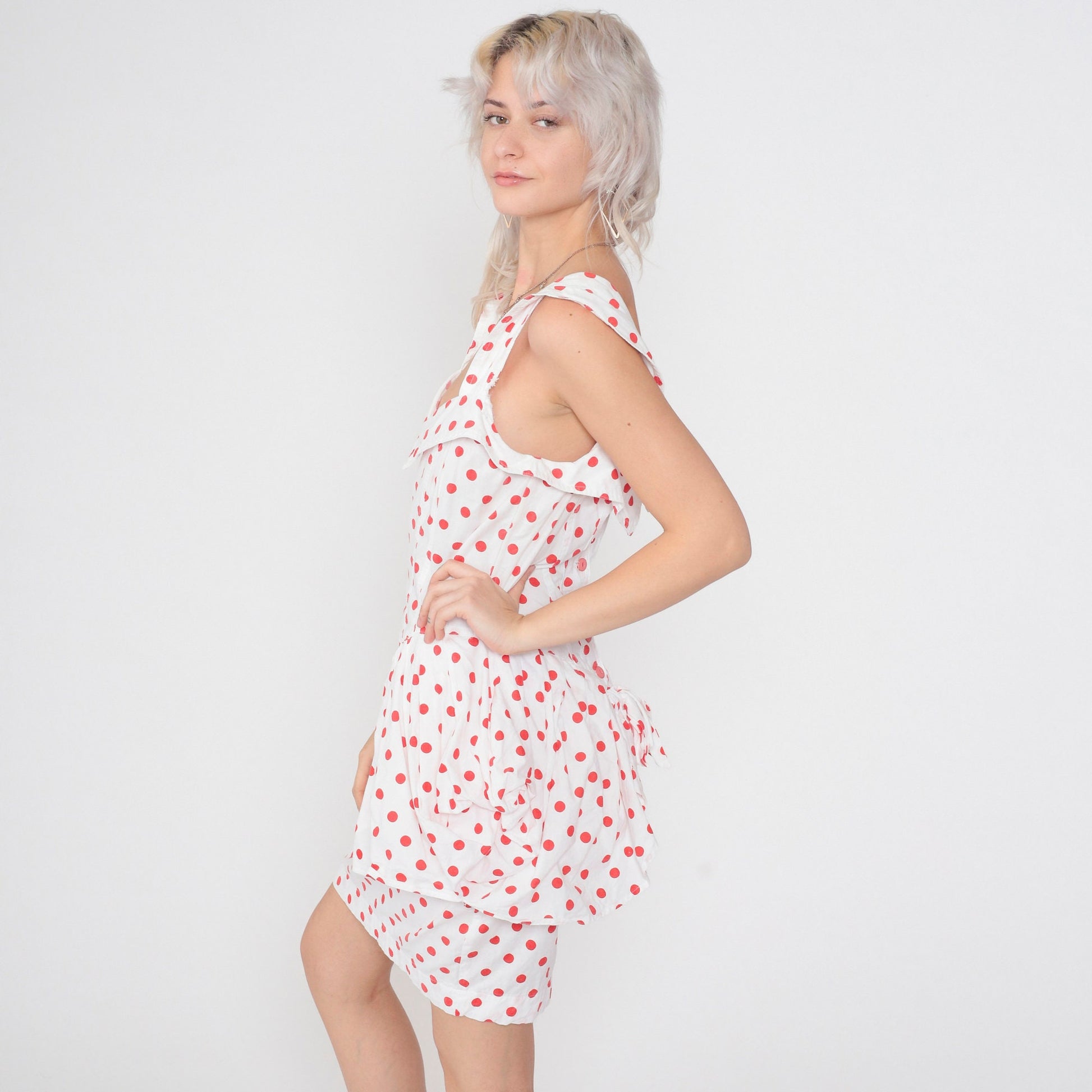 80s Karen Alexandra Polka Dot Mini Dress High Waist Peplum White Red Small