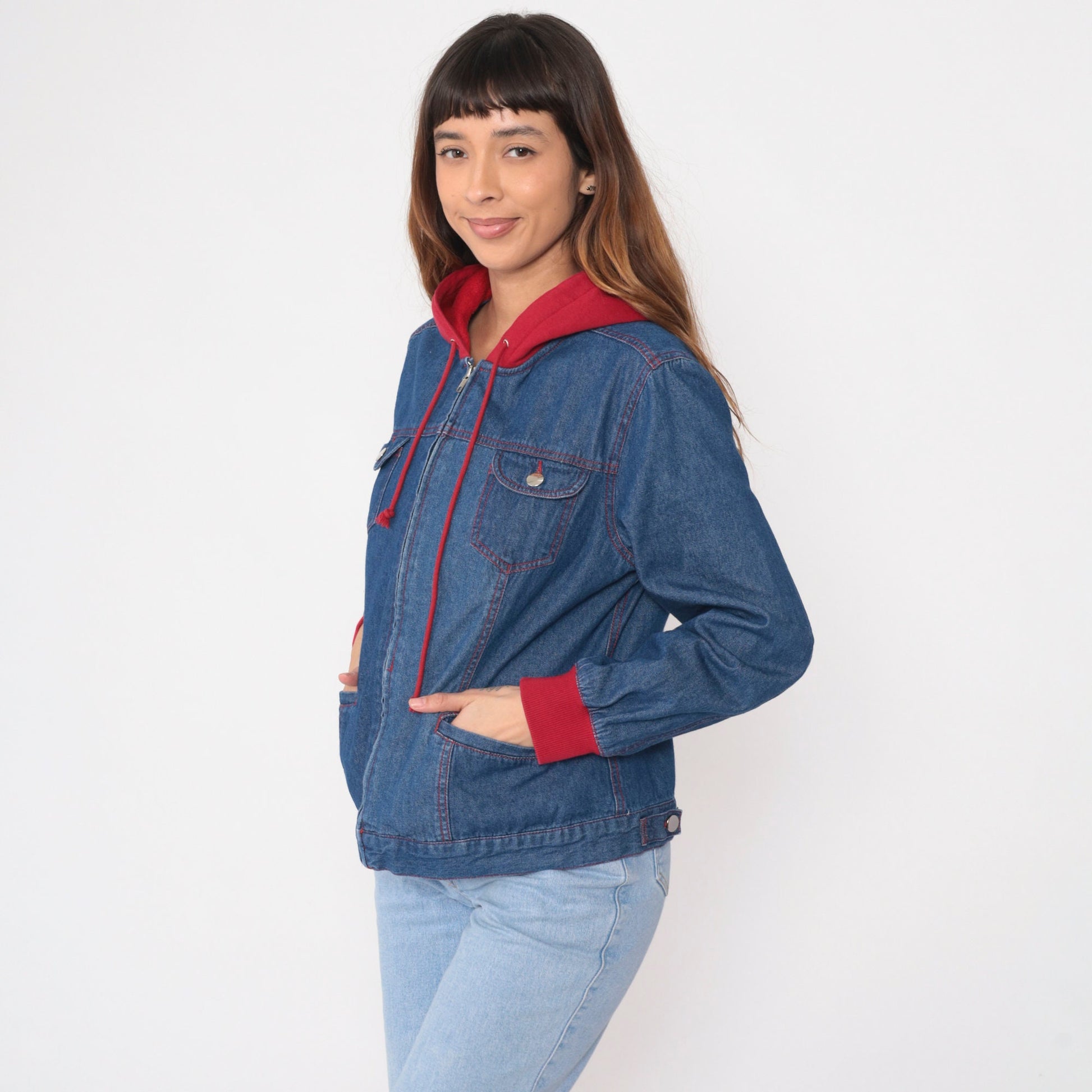 90s Forenza Hooded Denim Jacket Blue Red Sweatshirt Hood Zip Medium