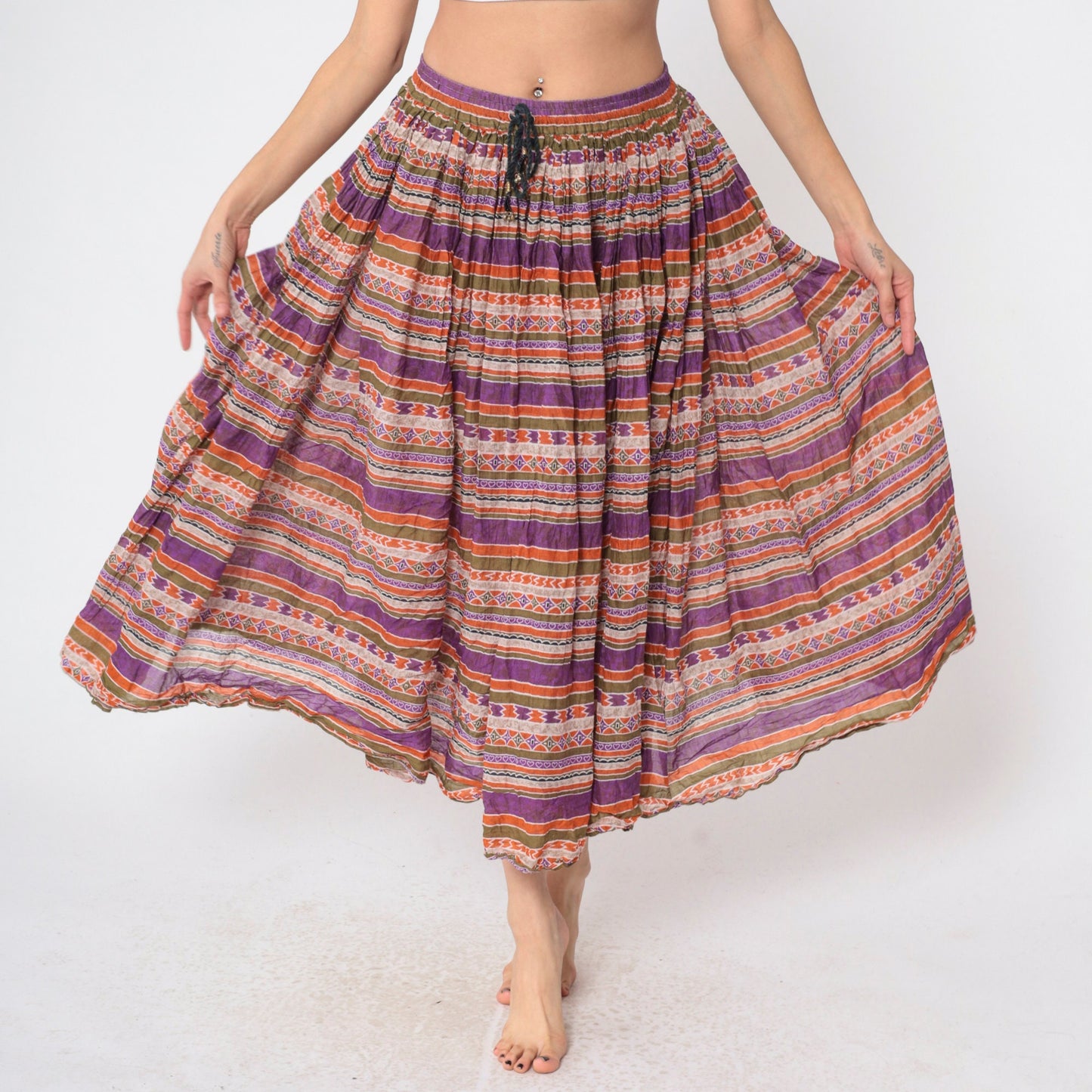 90s Capezio Geometric Striped Broomstick Midi Skirt Drawstring Purple Small