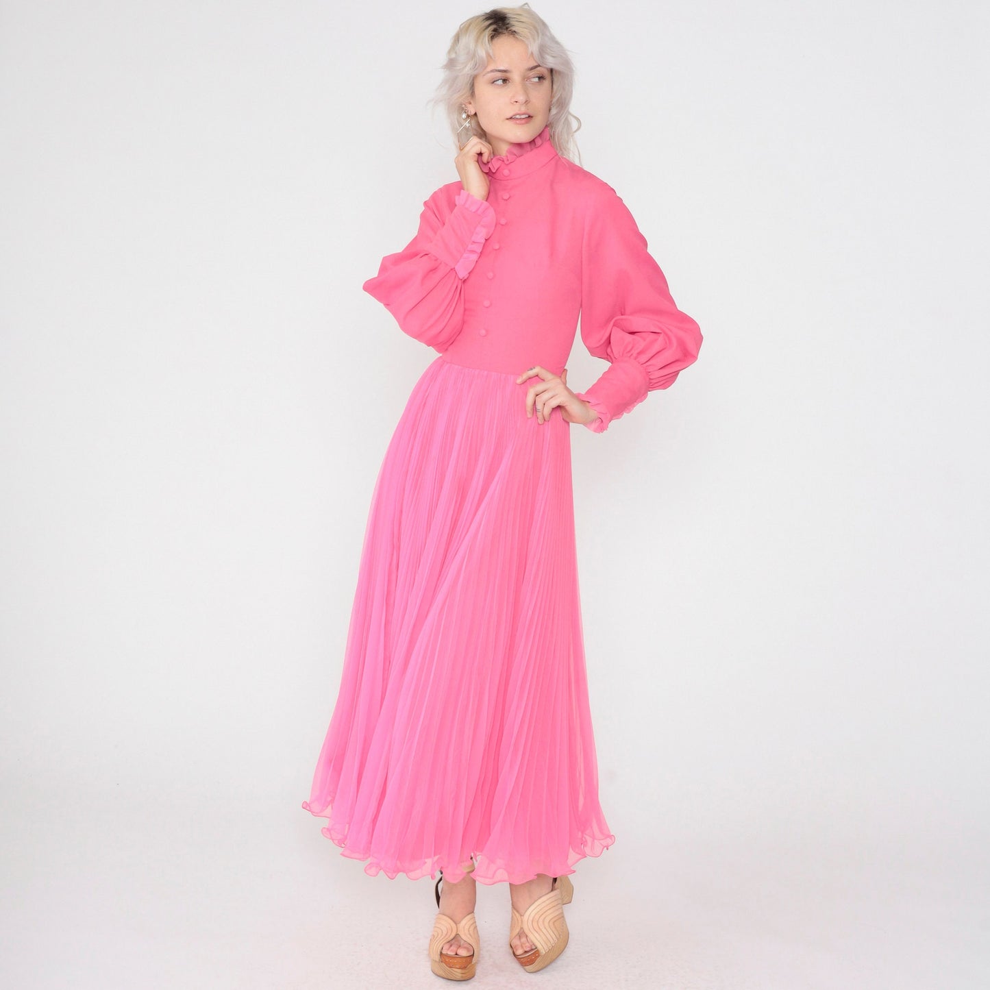 70s Hot Pink Maxi Dress Balloon Sleeve High Neck Ruffled Chiffon Extra Small