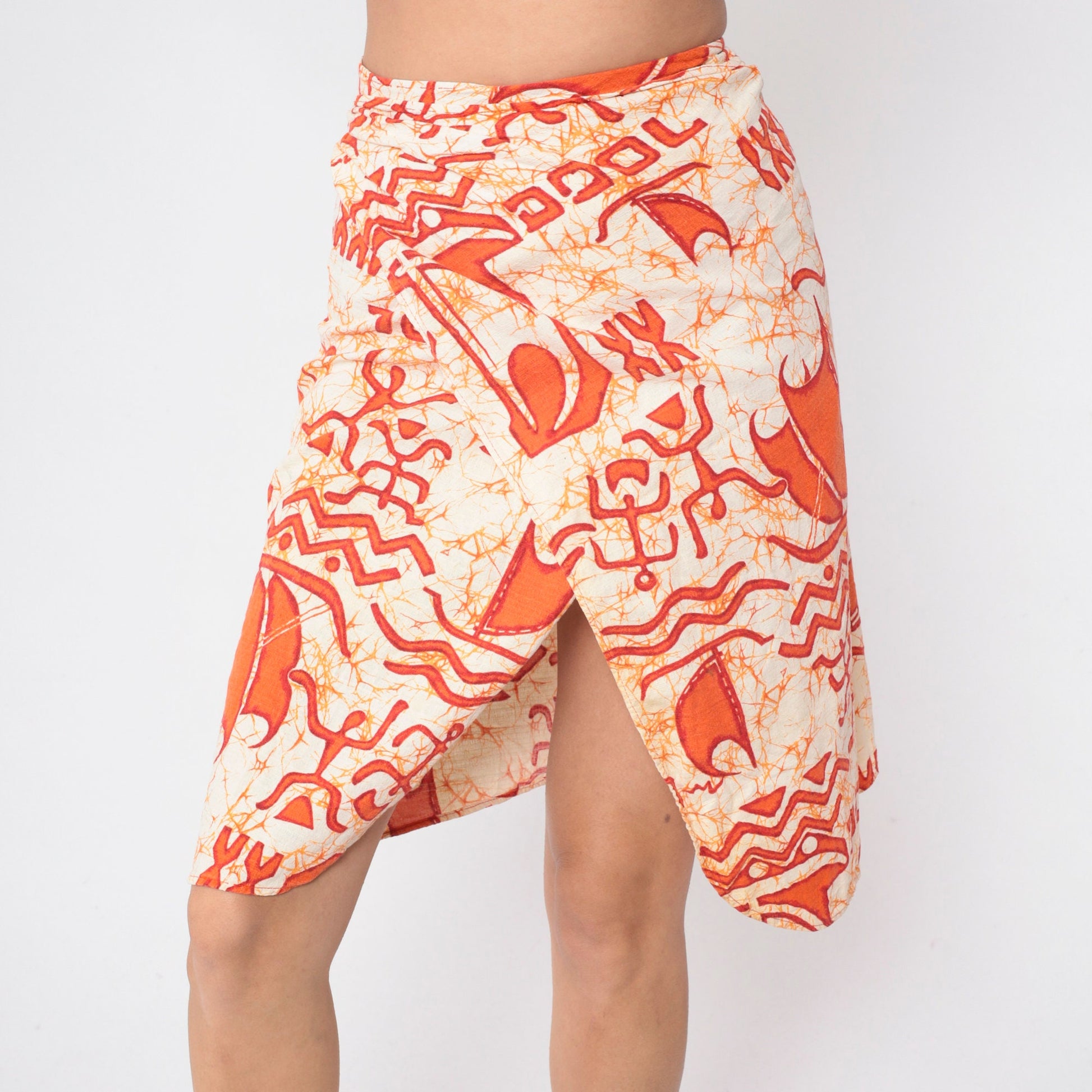 80s Wrap Mini Skirt Tie Dye Petroglyph Print Orange Cream Cotton Small