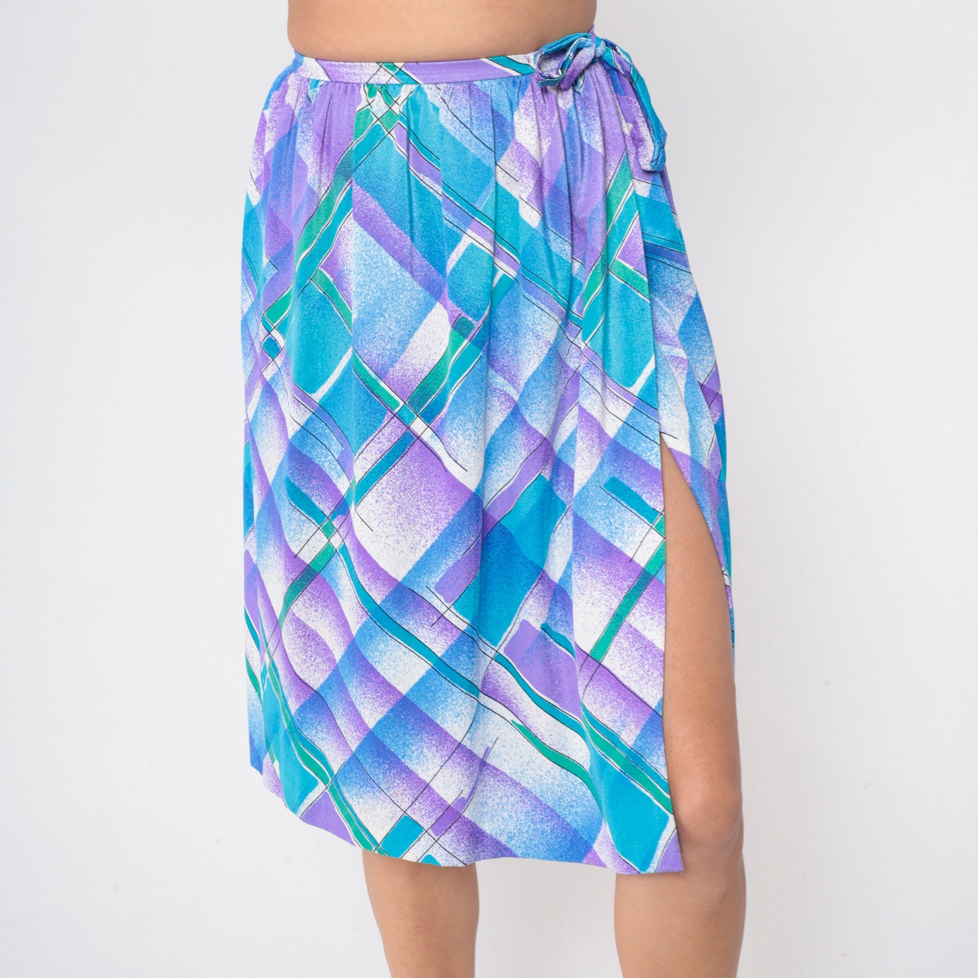 80s Checkered Knee Skirt Blue Purple White Plaid High Waist Tie Small