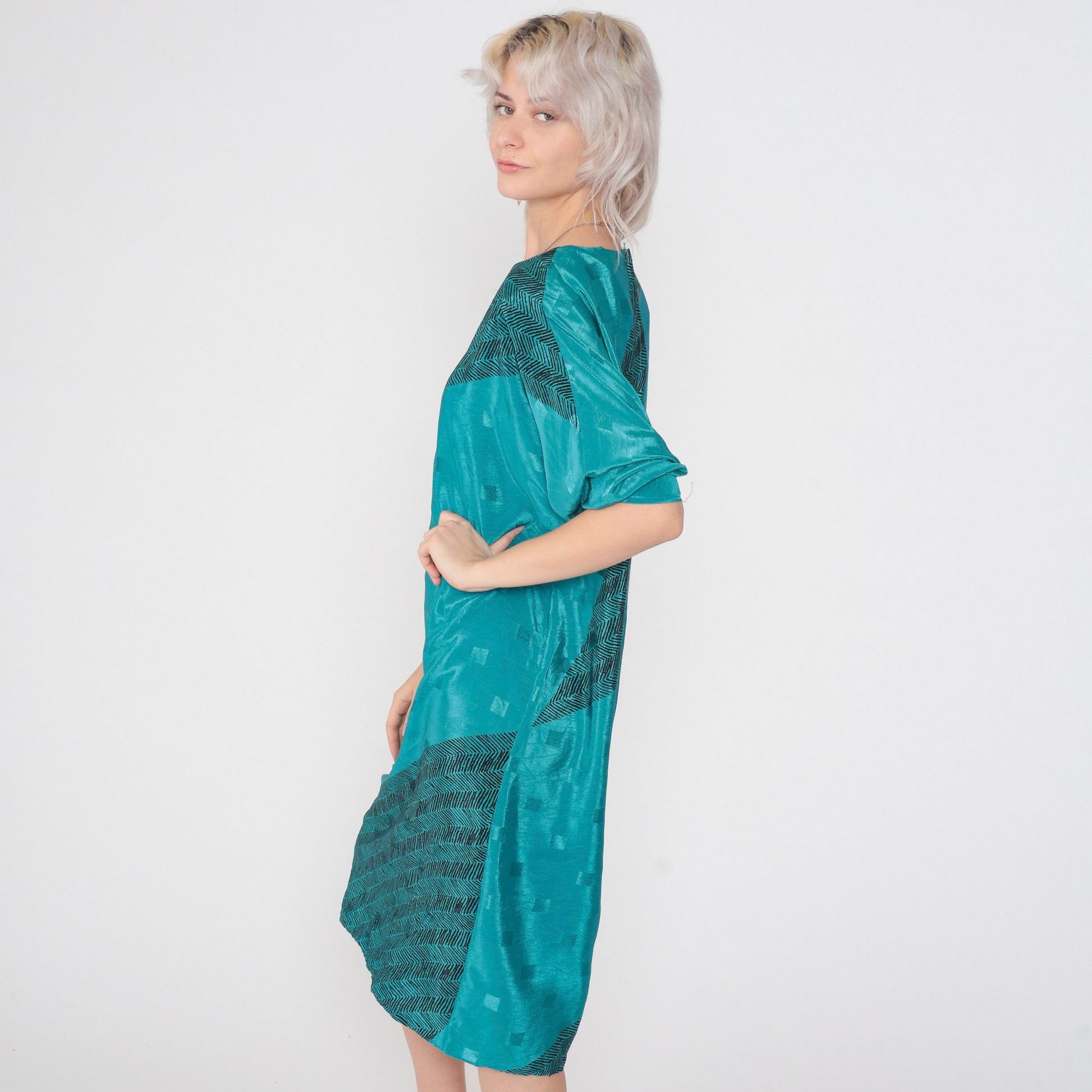 80s Brenner Petites Shiny Green Midi Dress Embossed Zigzag Half Sleeve Medium