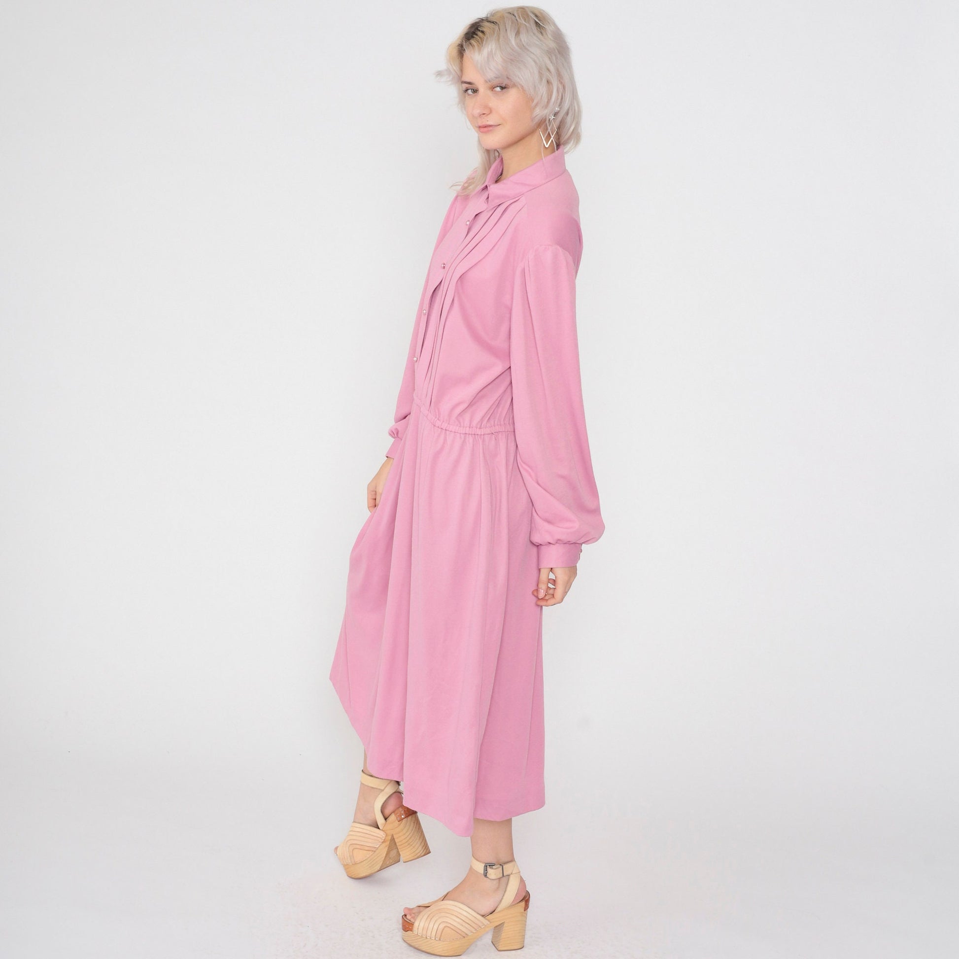 80s Pink Shirtwaist Midi Dress Button-Up High Waisted Pleated Plus Size XXL