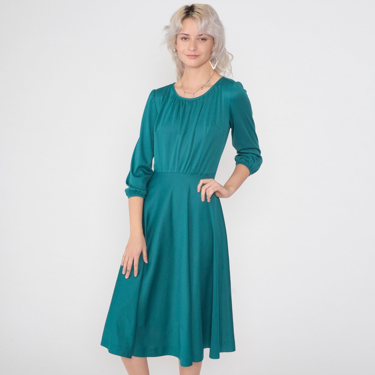 70s Teal Green Midi Dress High Waisted Puff Sleeve Pleated Medium
