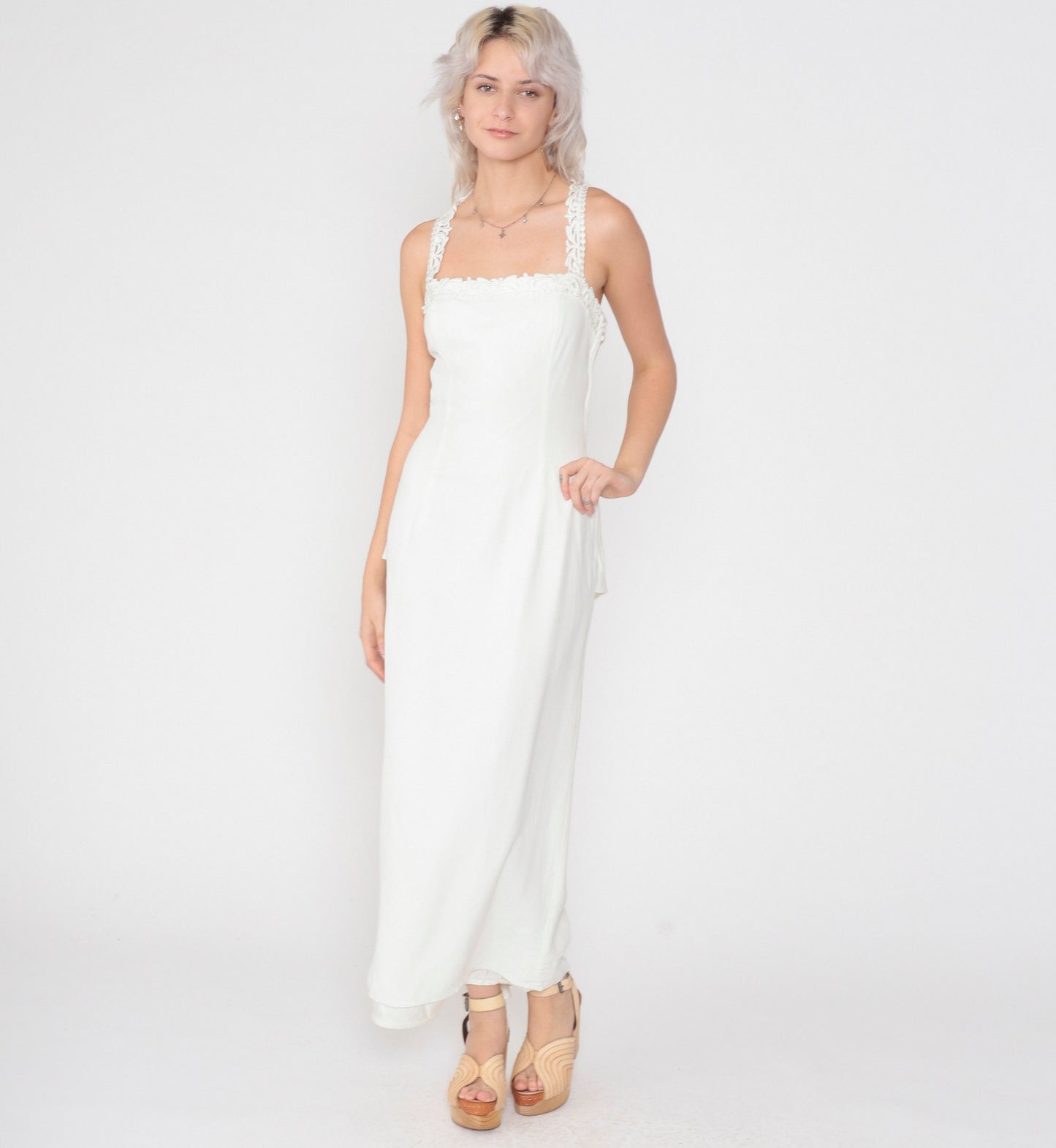 80s Scott McClintock White Maxi Dress Floral Lace Open Back Peplum Small