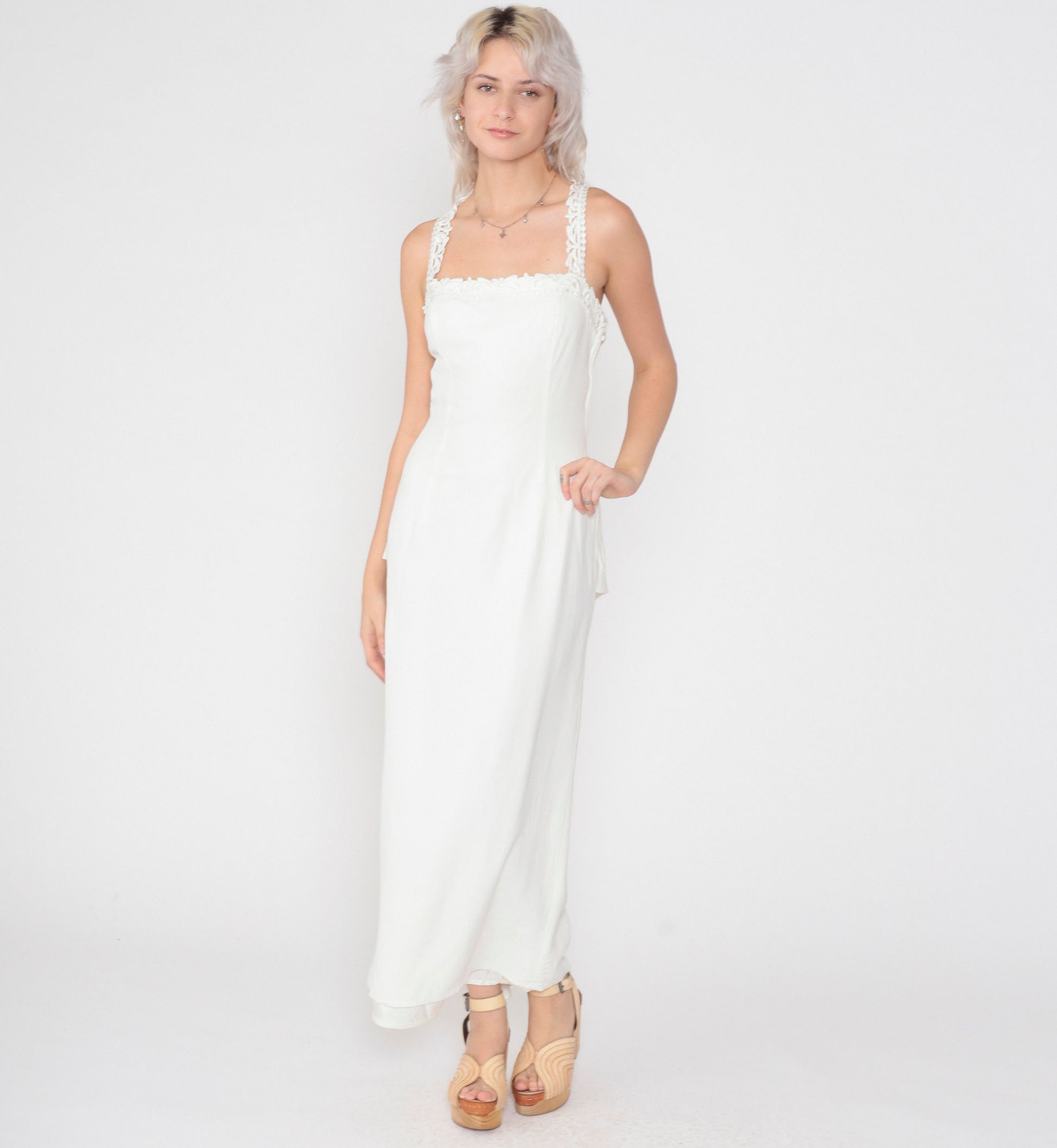80s Scott McClintock White Maxi Dress Floral Lace Open Back Peplum Small