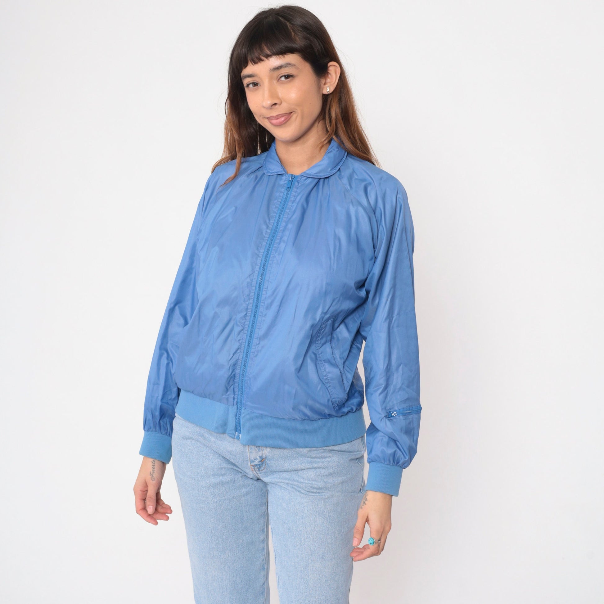 80s Blue Nylon Windbreaker Jacket Raglan Sleeve Zip-Up Medium