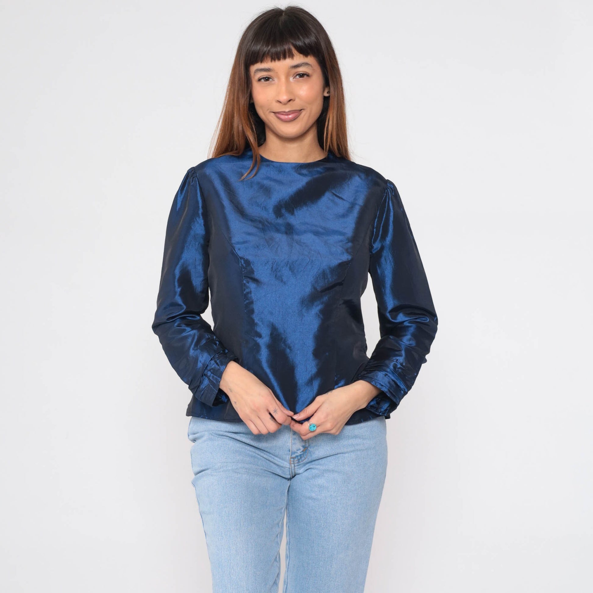 80s Metallic Blue Taffeta Blouse Puff Sleeve Fitted Party Top Medium