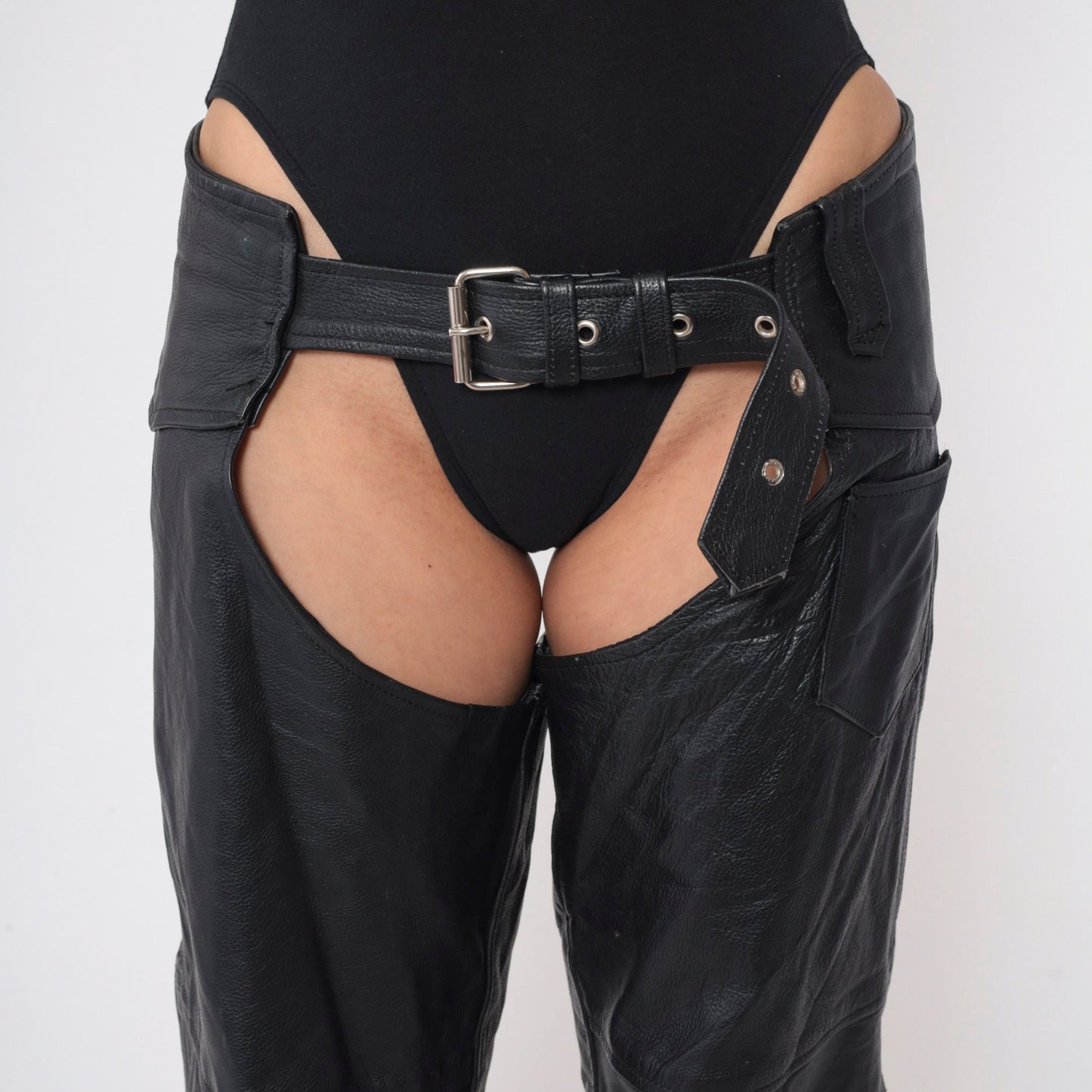 90s Black Leather Assless Chaps Buckle Front Zipper Snap Extra Large XXL