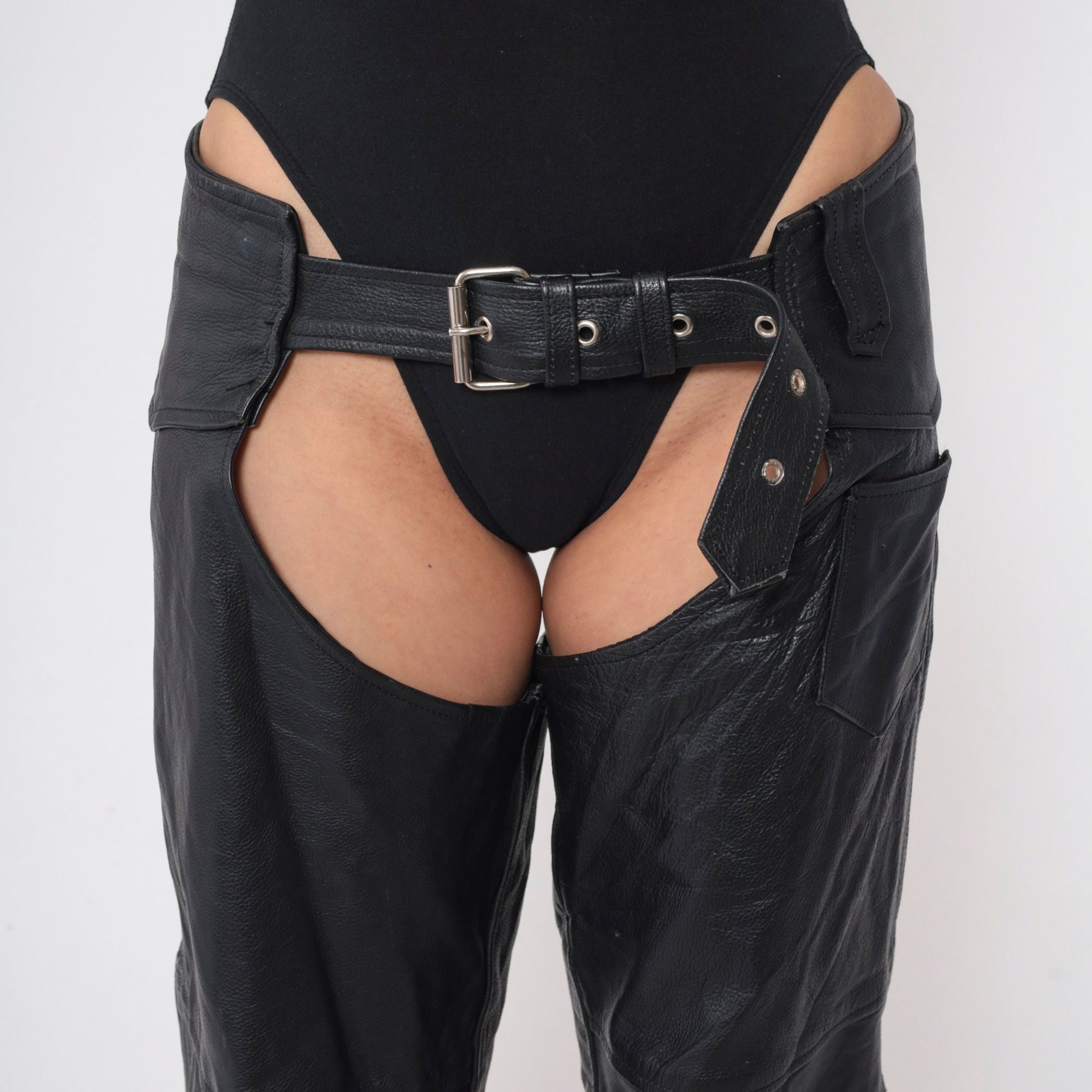 90s Black Leather Assless Chaps Buckle Front Zipper Snap Extra Large XXL