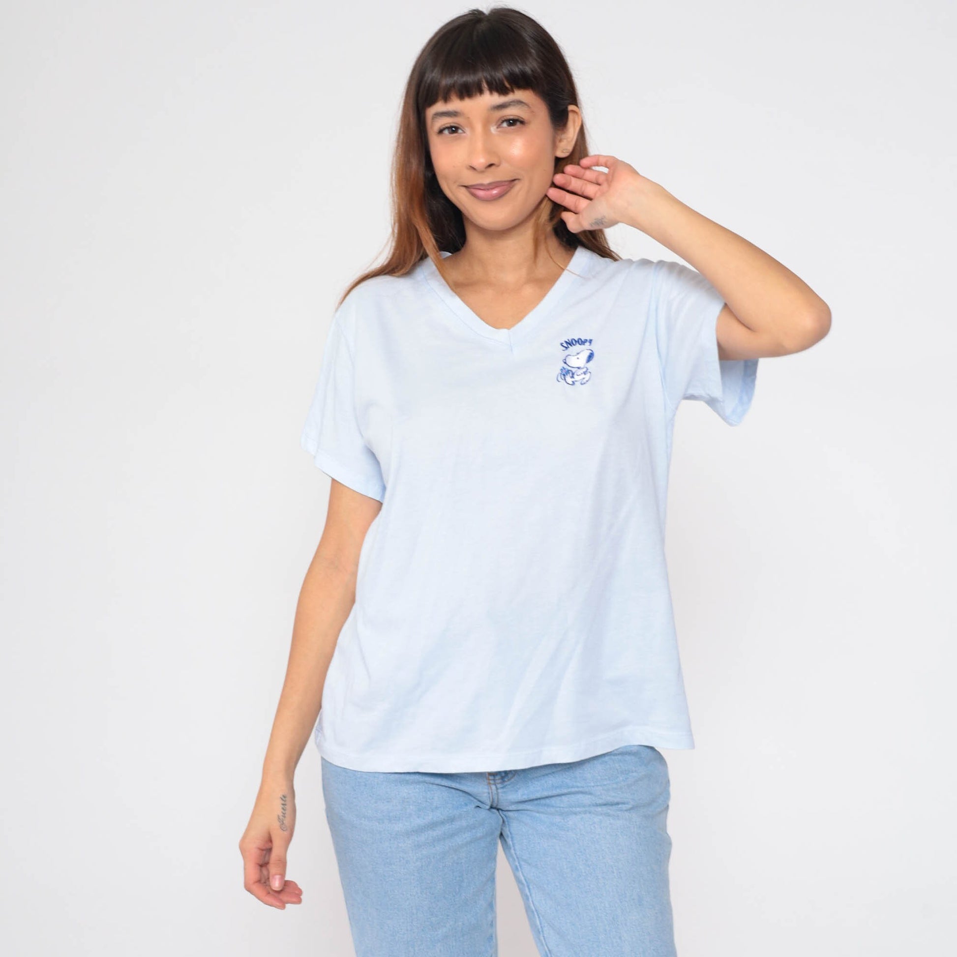90s Snoopy Peanuts Graphic T-Shirt Baby Blue V-Neck Large L