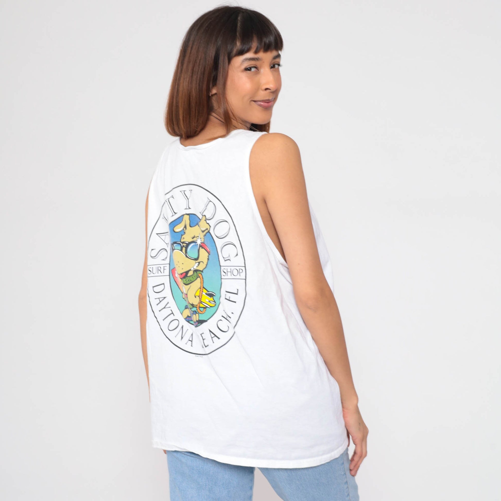 90s Salty Dog Surf Shop Tank Top Daytona Beach Florida Graphic White Extra Large XXL