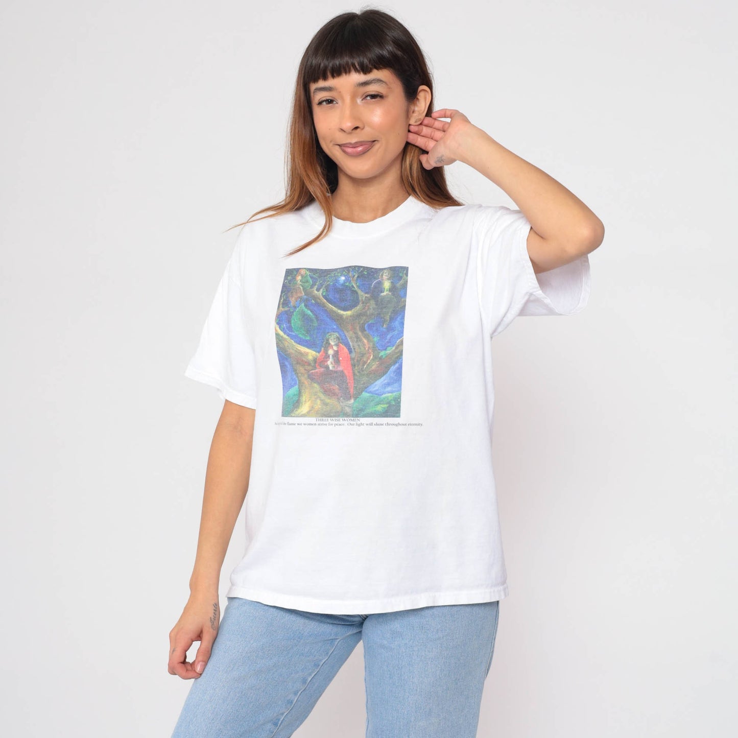90s Three Wise Women Graphic T-Shirt White Feminist Slogan Large L