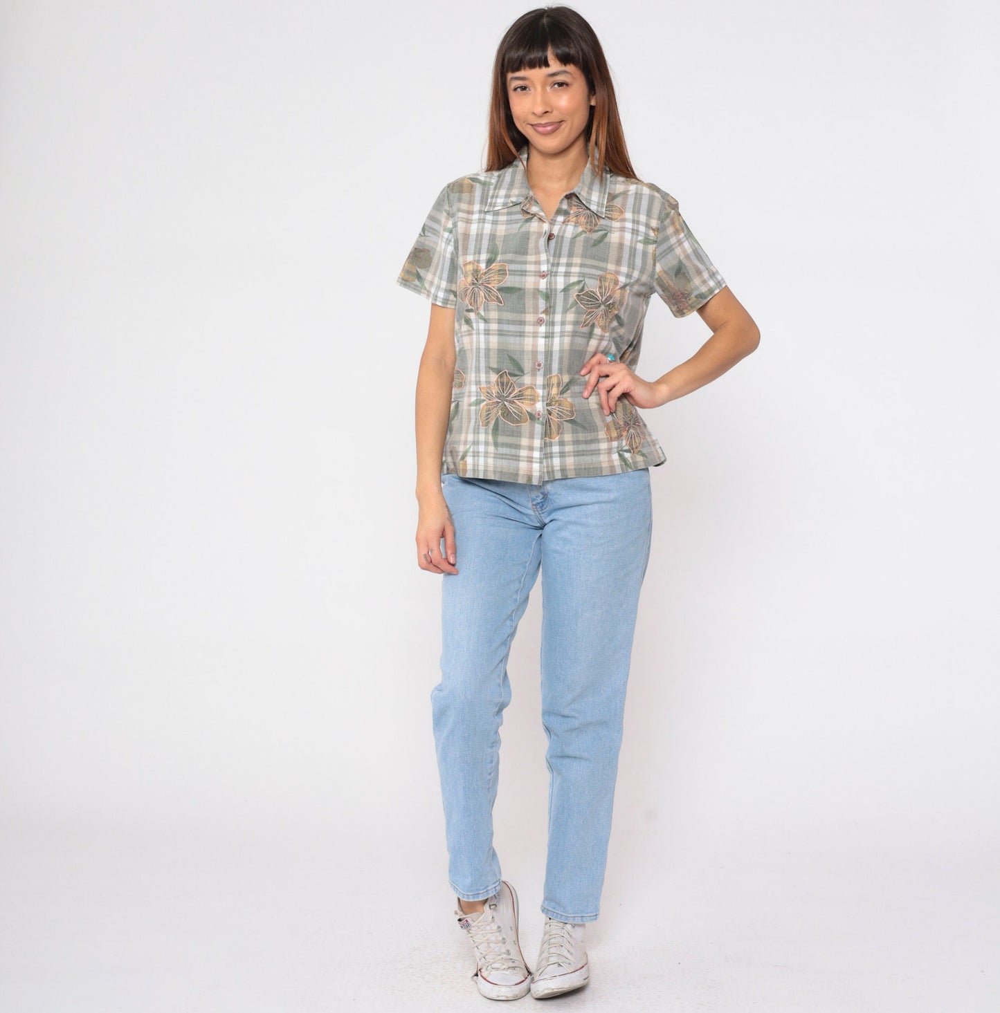 Y2K Plaid Floral Embroidered Button-Up Blouse Cotton Short Sleeve Medium M