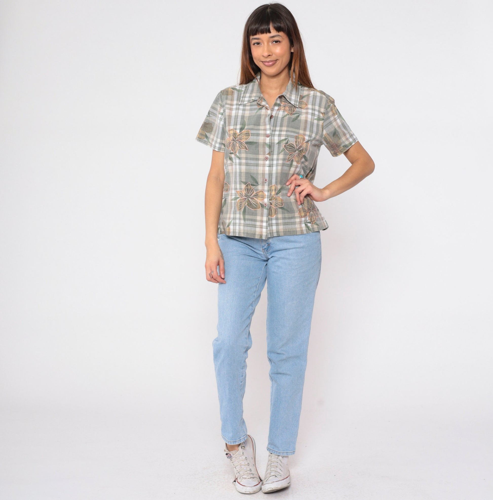 Y2K Plaid Floral Embroidered Button-Up Blouse Cotton Short Sleeve Medium M