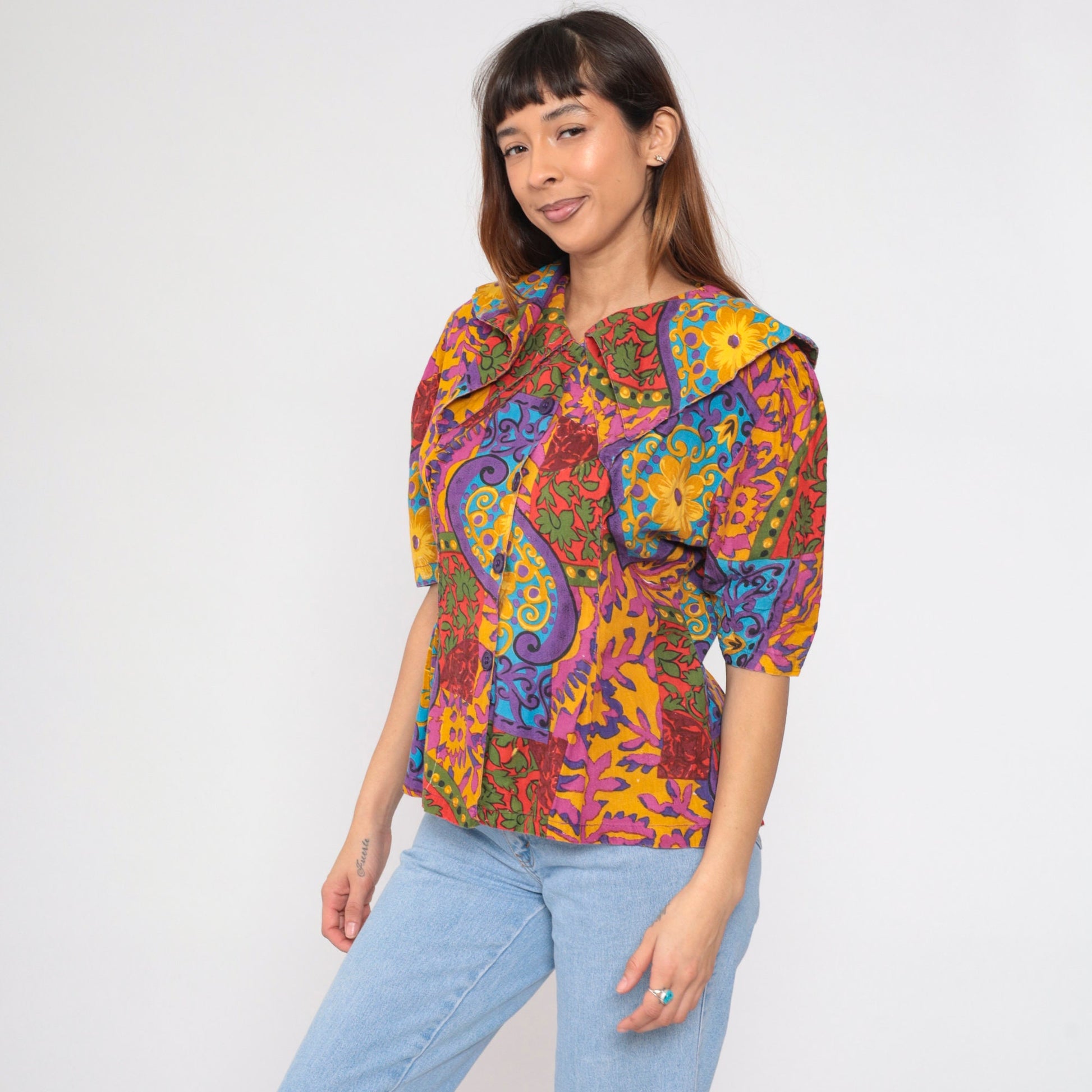 90s Mahudi Floral Cotton Blouse Puff Sleeve Pilgrim Collar Large L