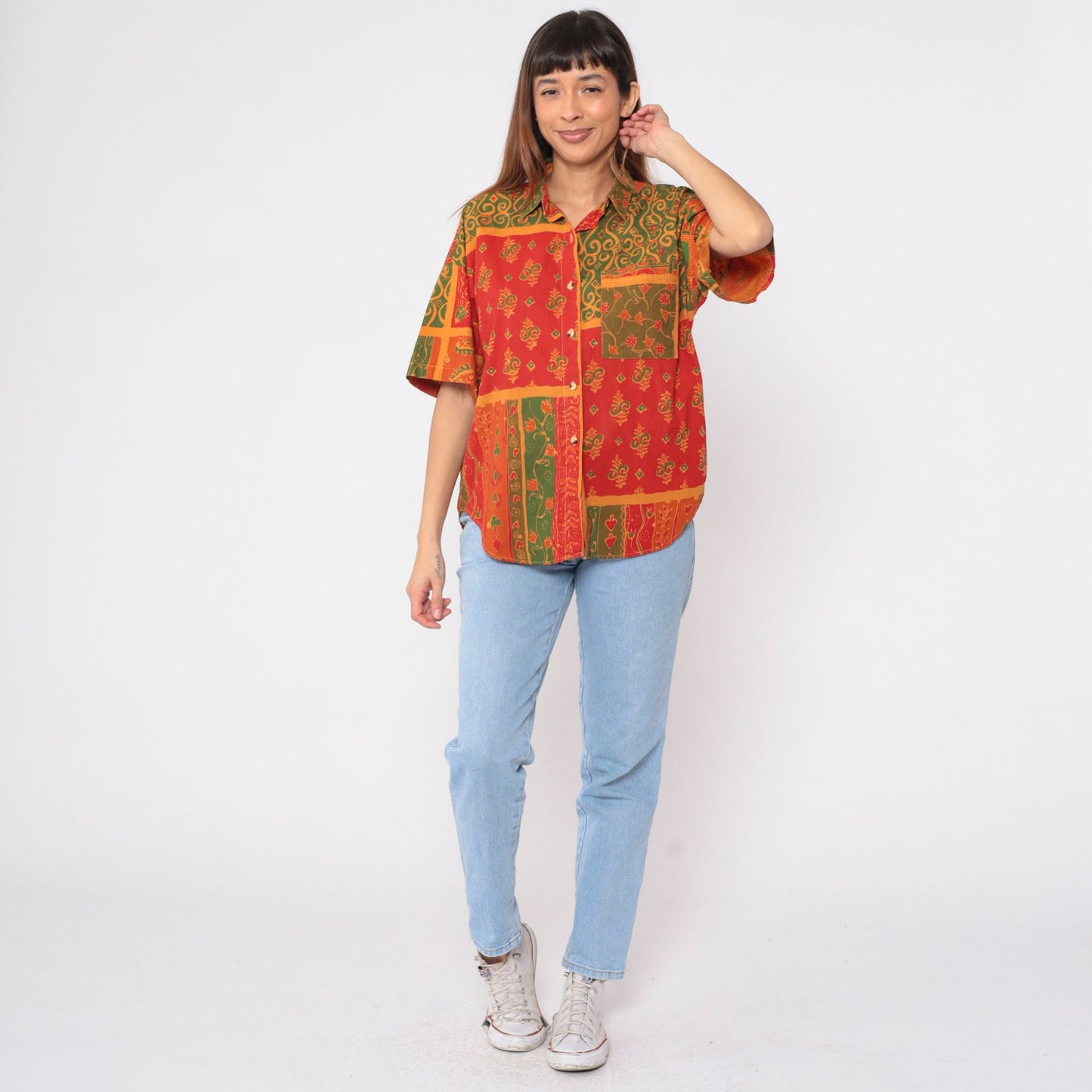 90s Indian Floral Button-Up Shirt Cotton Short Sleeve Collared Top Large