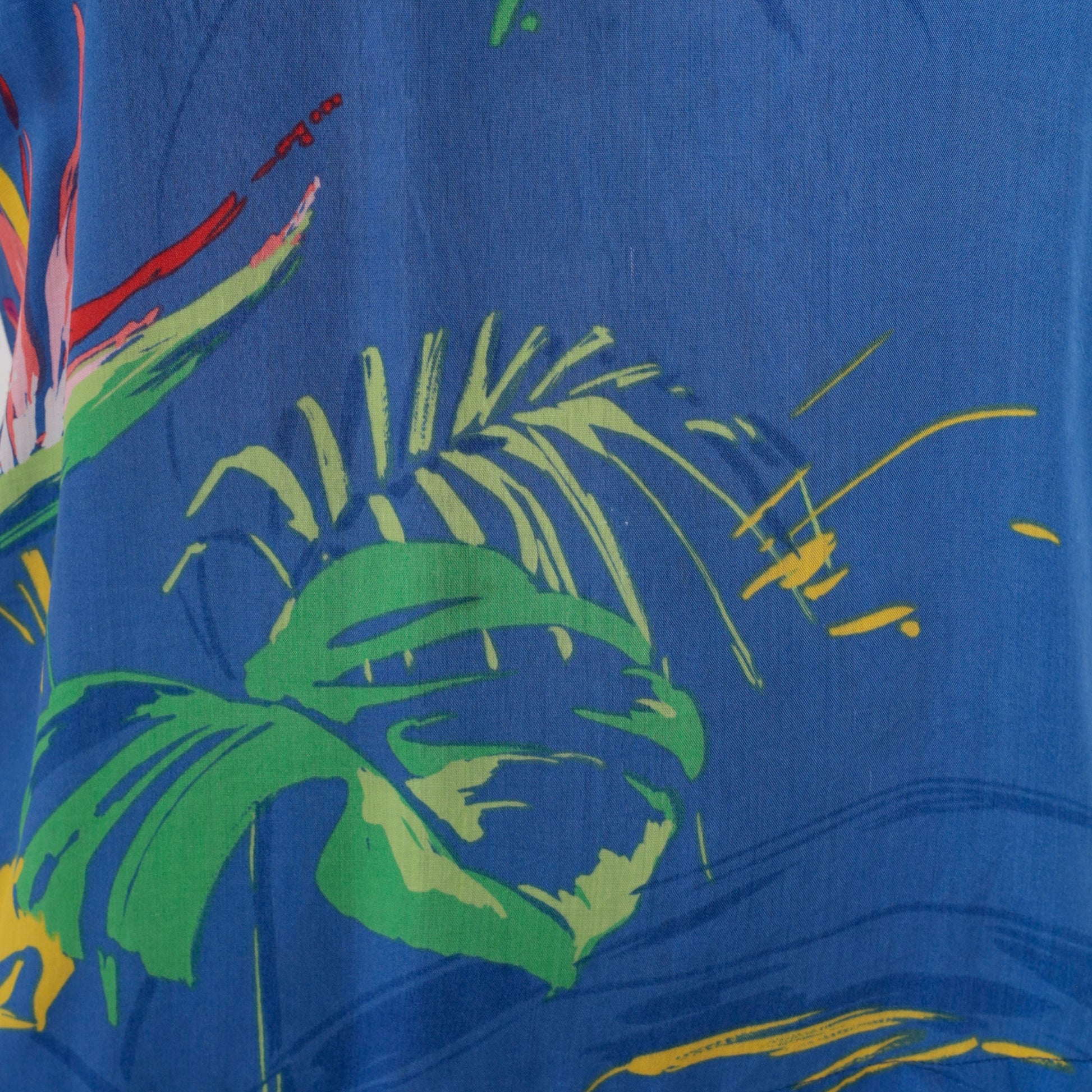 90s Tropical Floral Leaf Print Blouse Blue V-Neck Short Sleeve Medium M