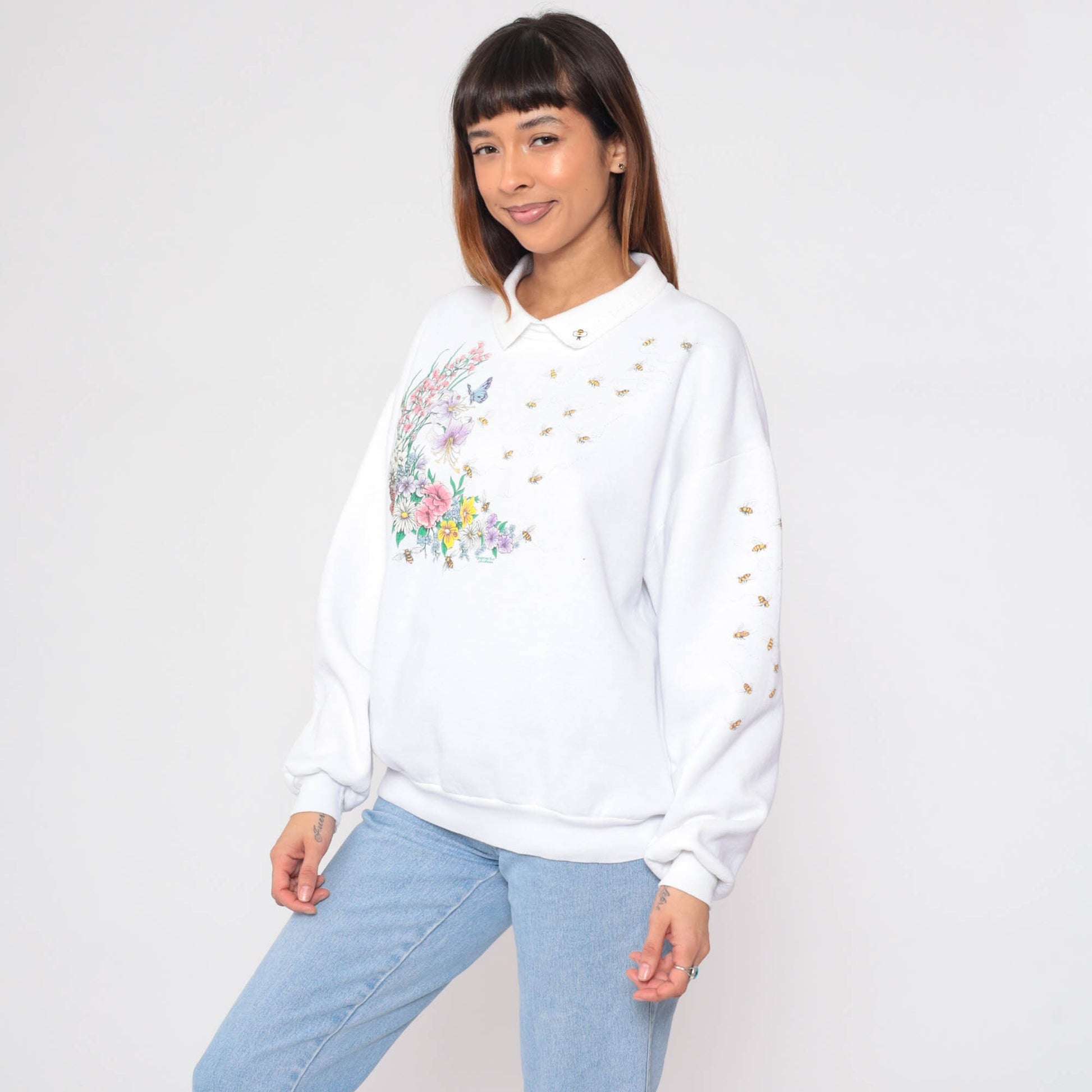 90s Honeybee Floral Butterfly Sweatshirt White Collared Pullover Extra Large XXL