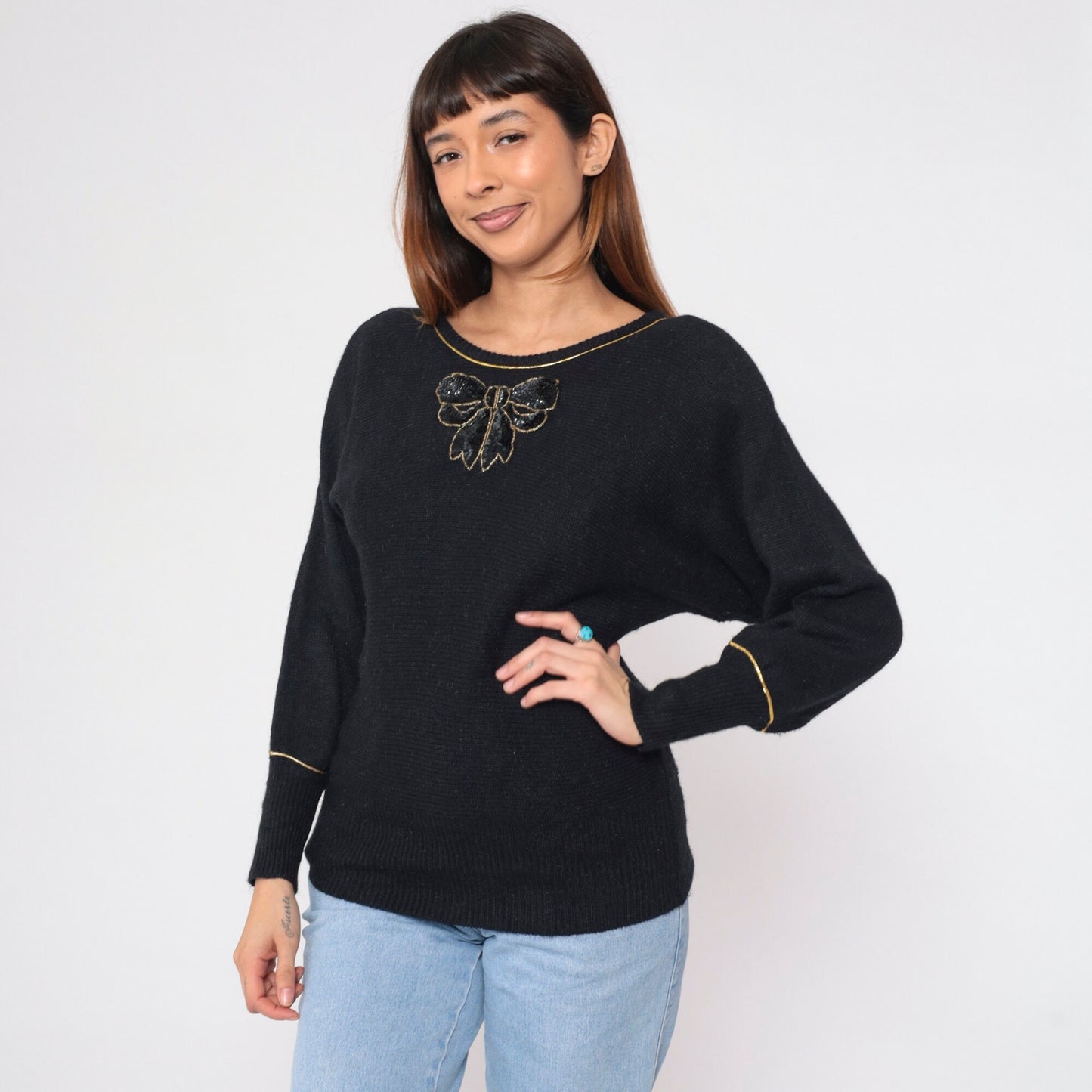 90s Andrea Gayle Black Knit Sweater Sequin Bow Metallic Gold Trim Large L