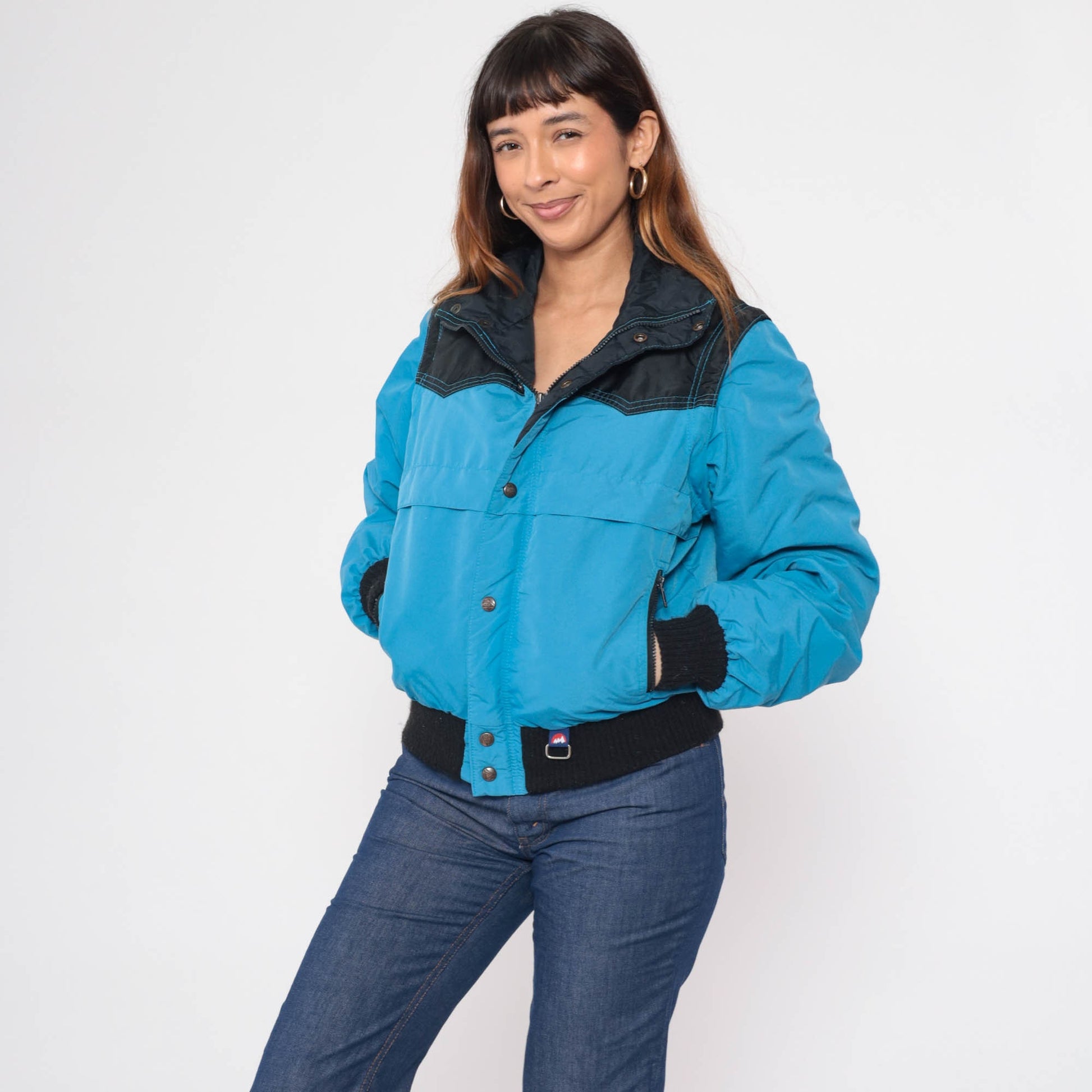 80s White Mountain Puffer Ski Jacket Blue Black Convertible Zip Sleeve Large