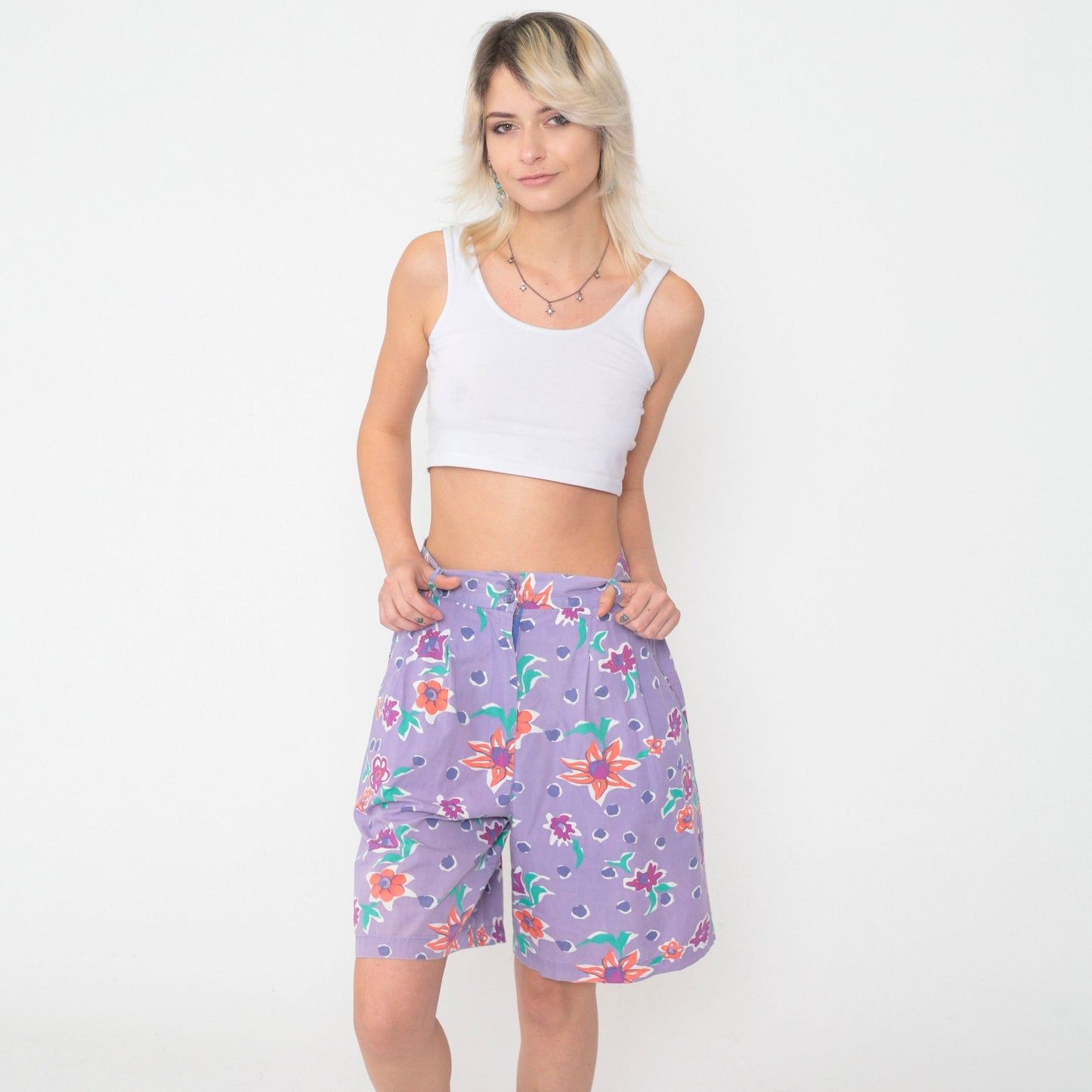 90s Lavender Polka Dot Floral Shorts High Waist Pleated Cotton Small