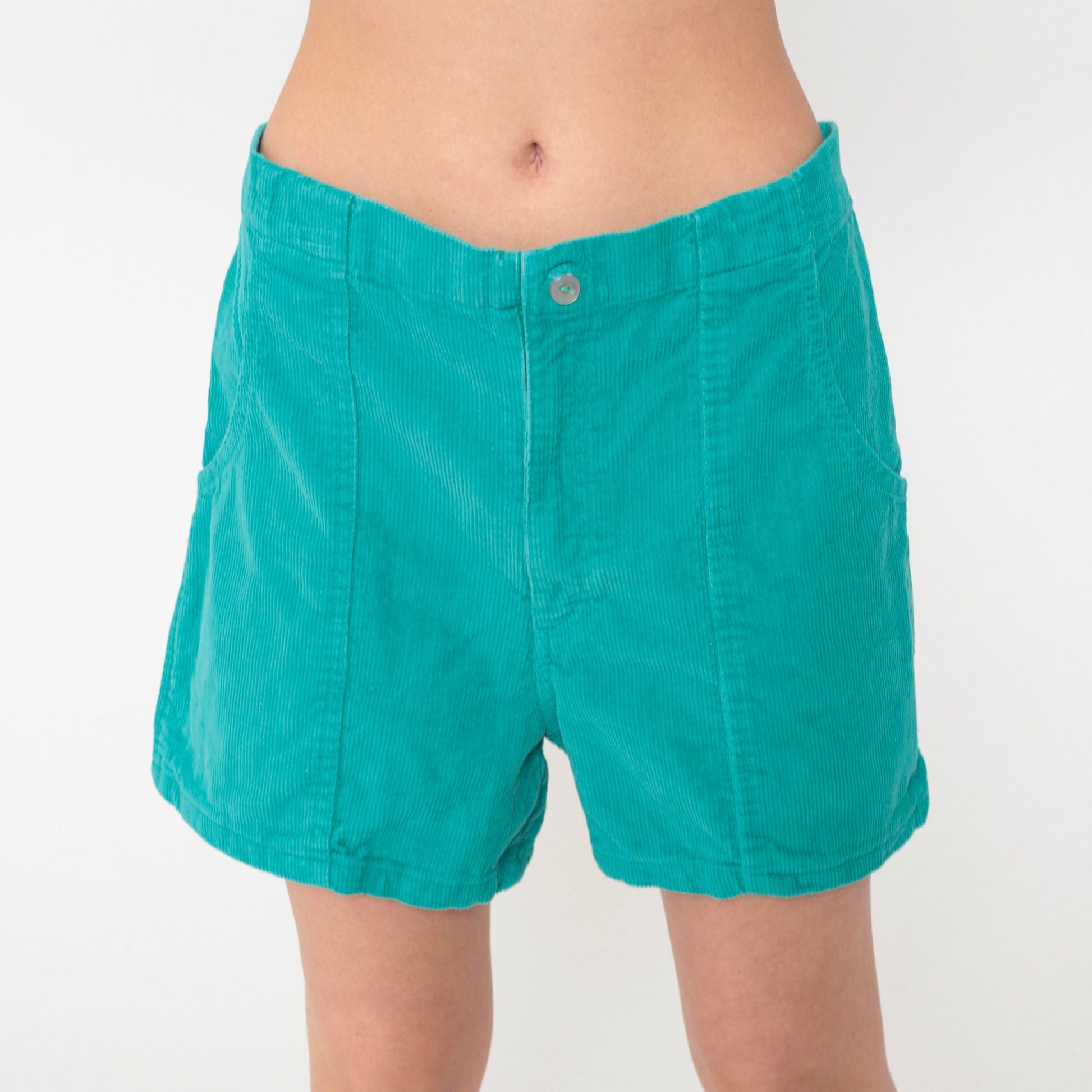 80s Green Corduroy Shorts High Waist Patch Pockets Elastic Back Medium