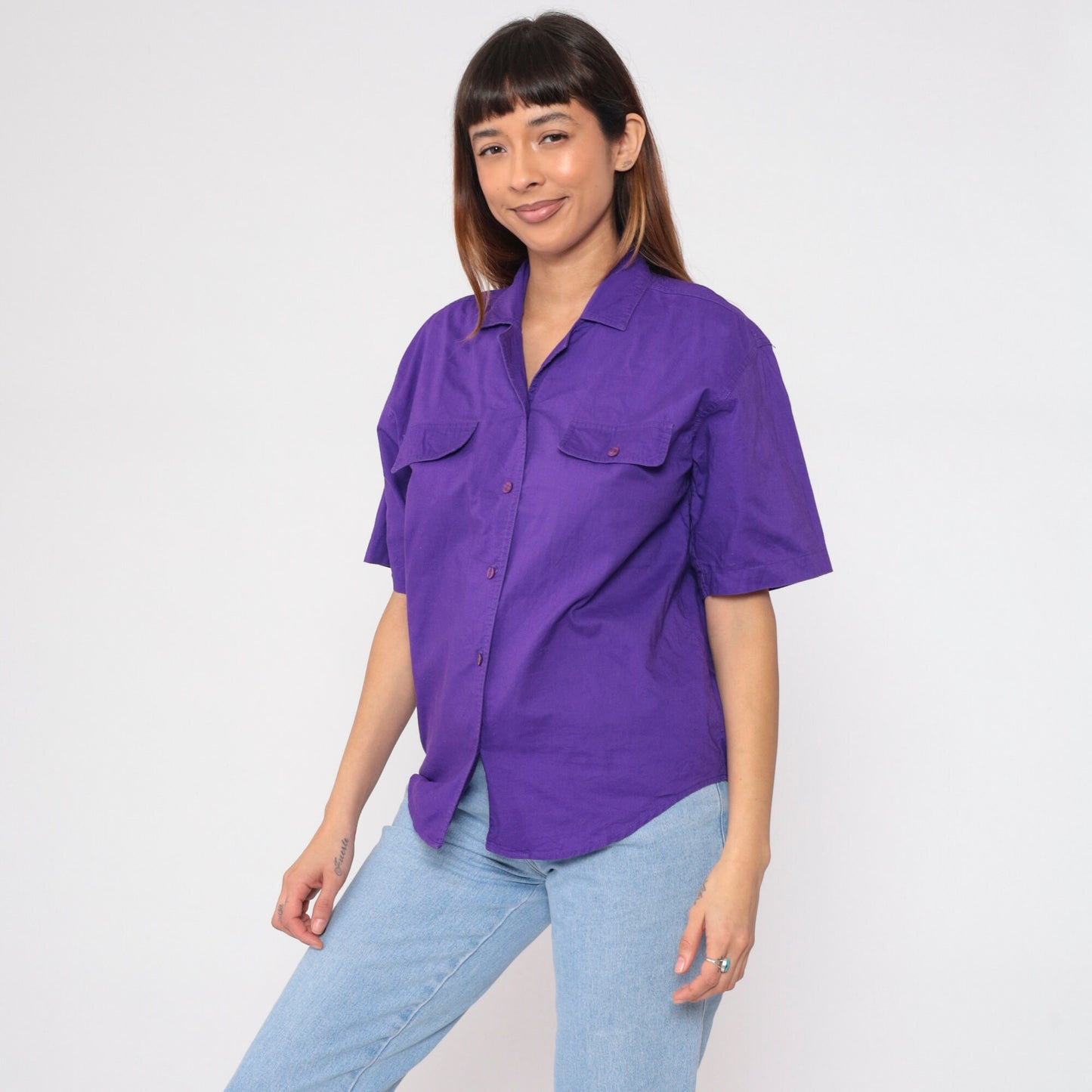 90s Karen Scott Purple Cotton Button-Up Blouse Short Sleeve Chest Pocket Medium