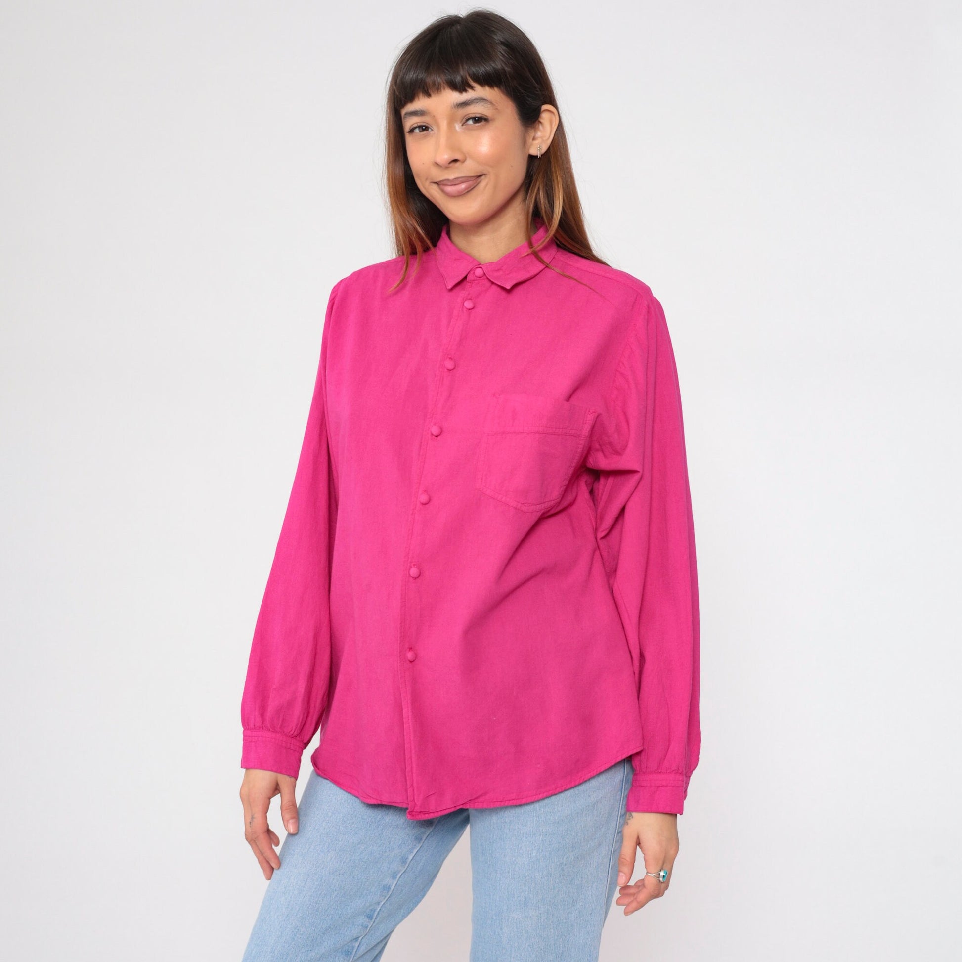 90s Fuchsia Cotton Button-Up Shirt Long Sleeve Collared Small