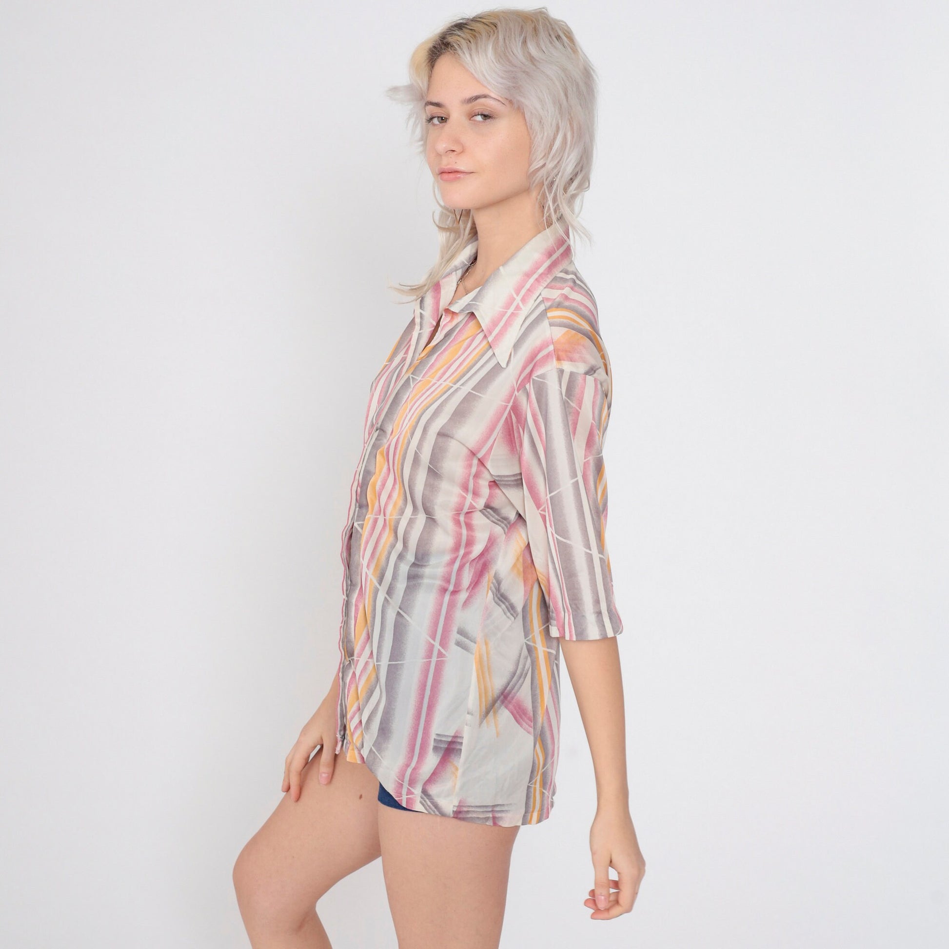 70s Abstract Striped Button-Up Blouse Short Sleeve Pointed Collar Disco Large