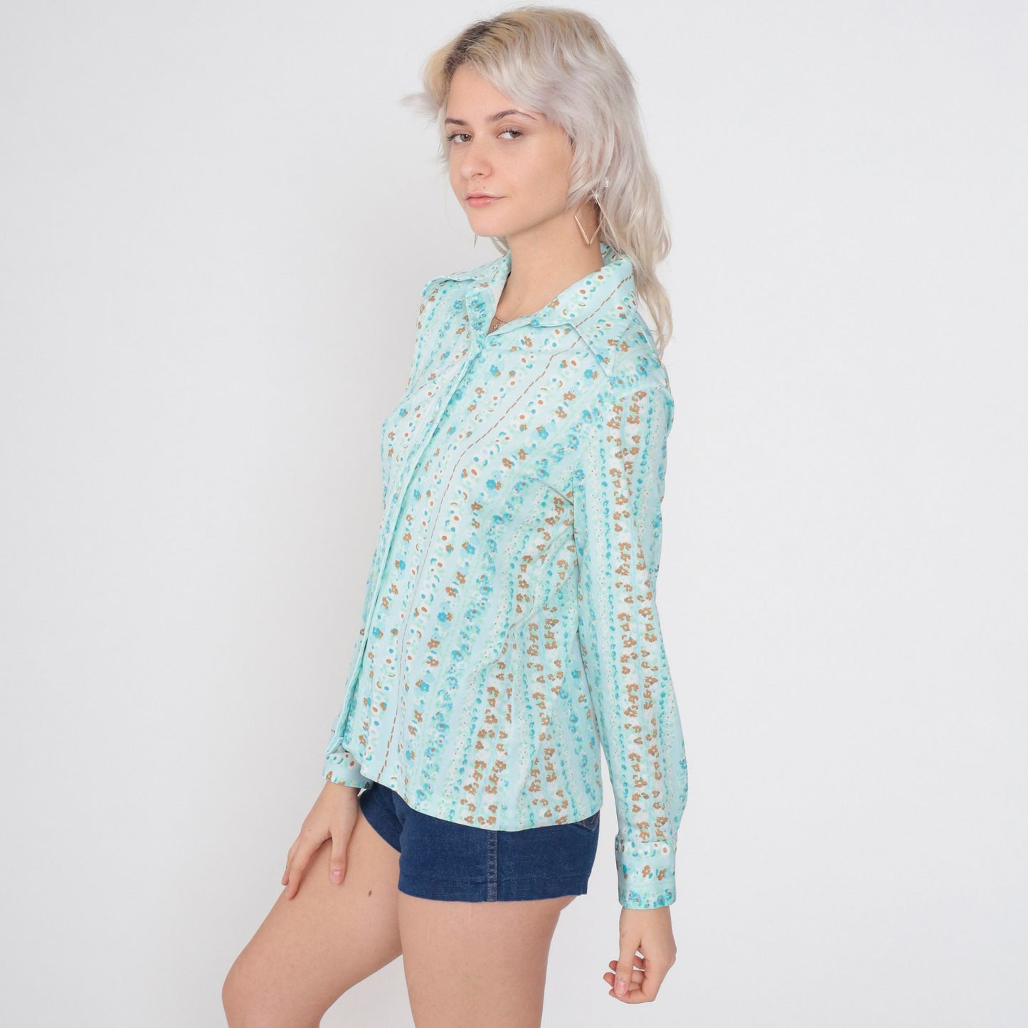 70s Blue Floral Striped Blouse Wing Collar Button Up Long Sleeve Medium